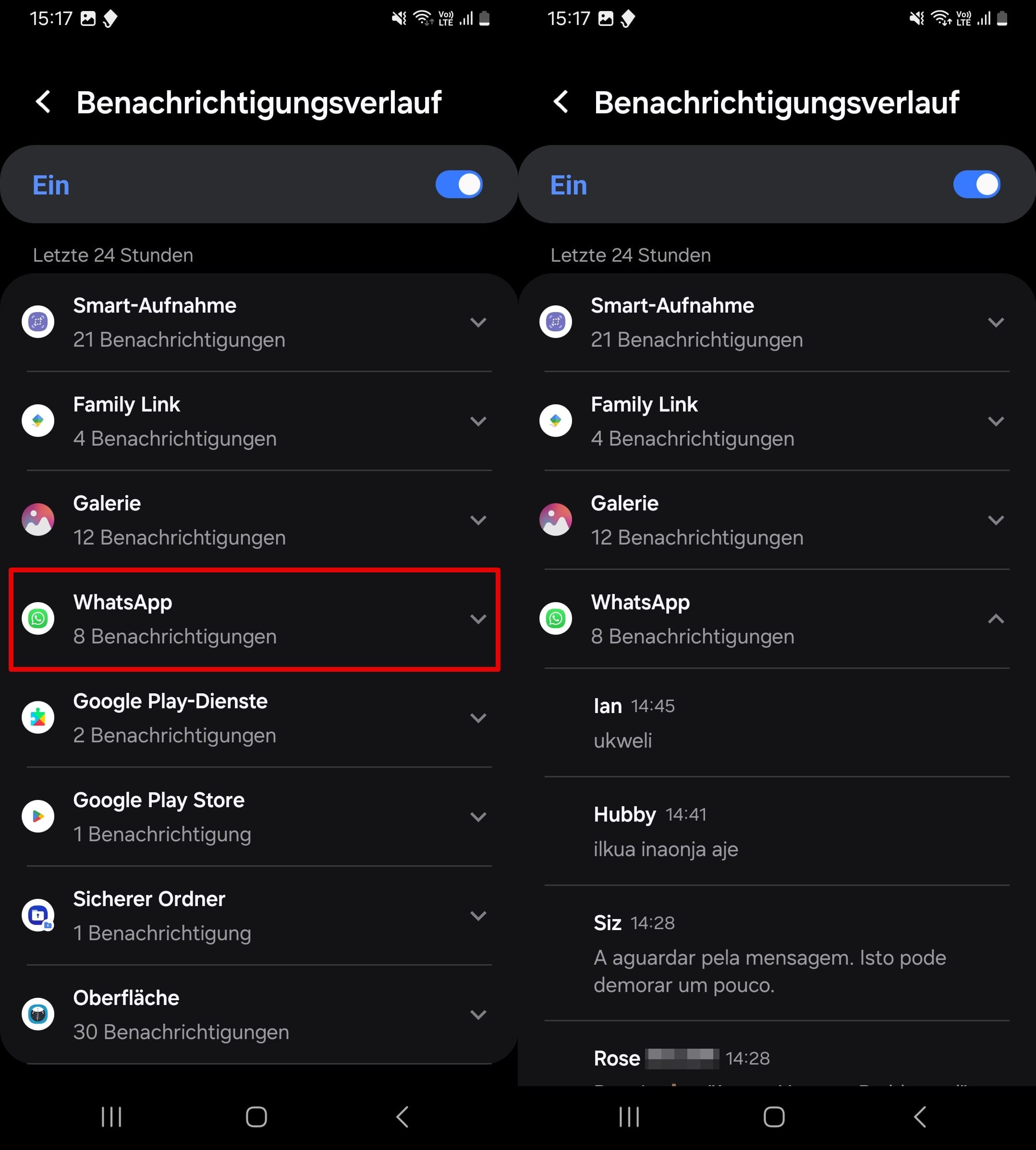 licken Sie auf WhatsApp, um eine Vorschau der empfangenen Nachrichten im Benachrichtigungsverlauf anzuzeigen.