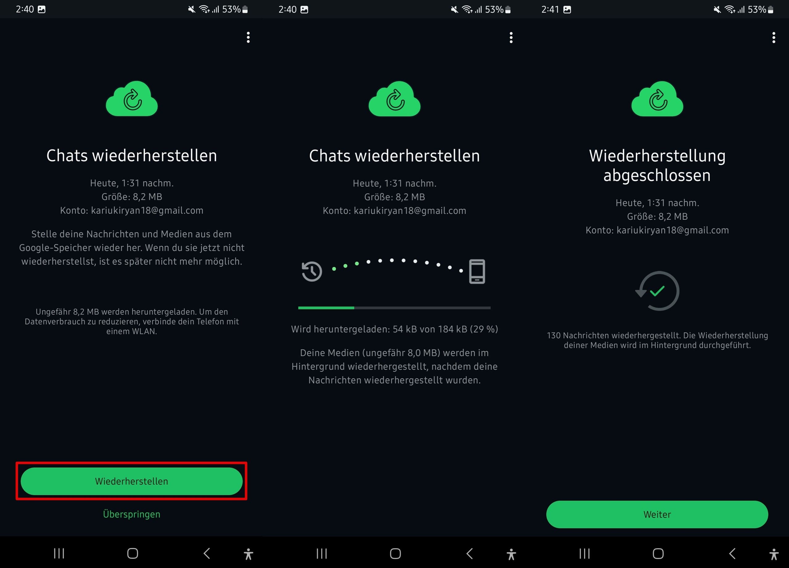 WhatsApp stellt WhatsApp-Chats wieder her, vom Wiederherstellungsbildschirm bis zu den Bildschirmen „Vorbereitung“ und „Wiederherstellung abgeschlossen“.