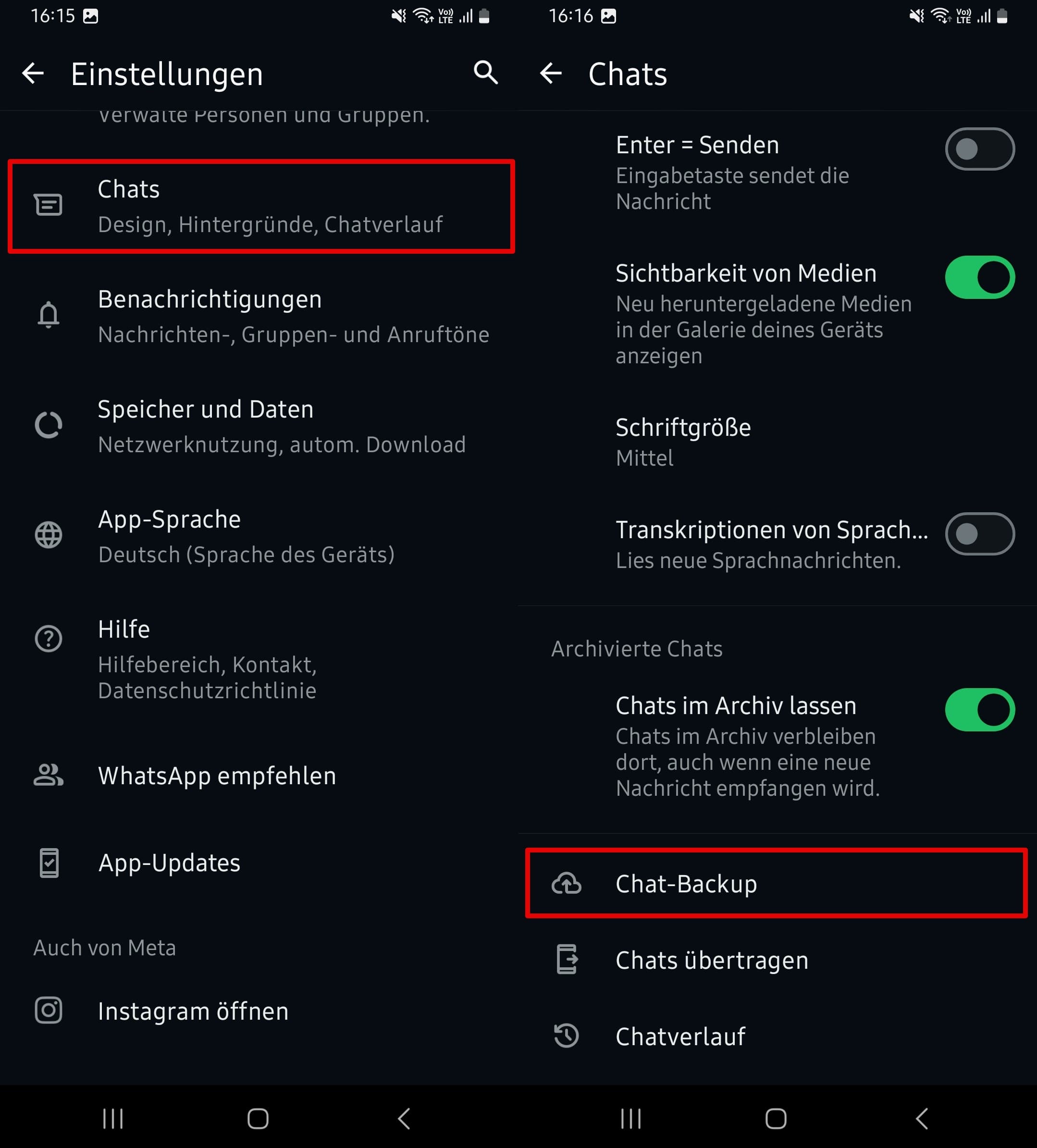 Chat-Backup-Einstellungen auf WhatsApp ändern.