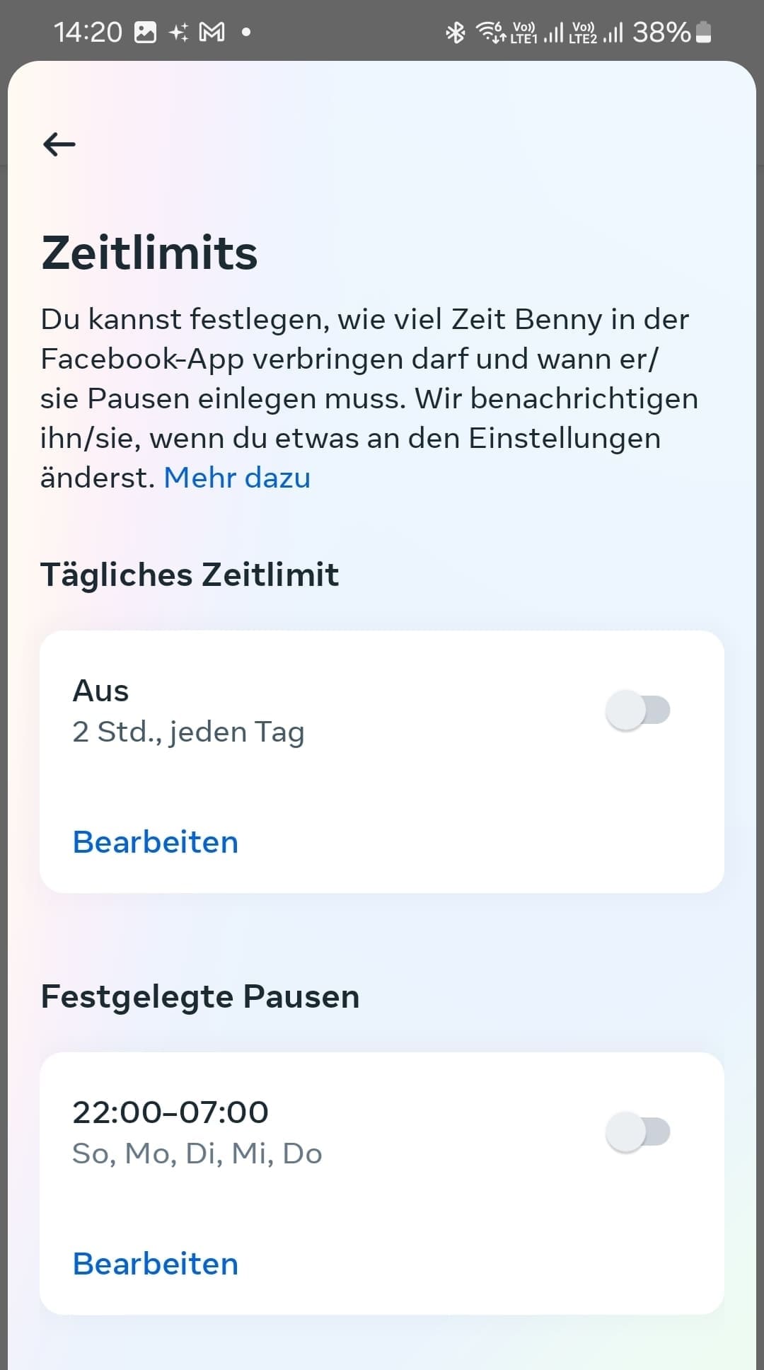 Funktion für Zeitlimits innerhalb der Überwachung im Familiencenter auf Facebook