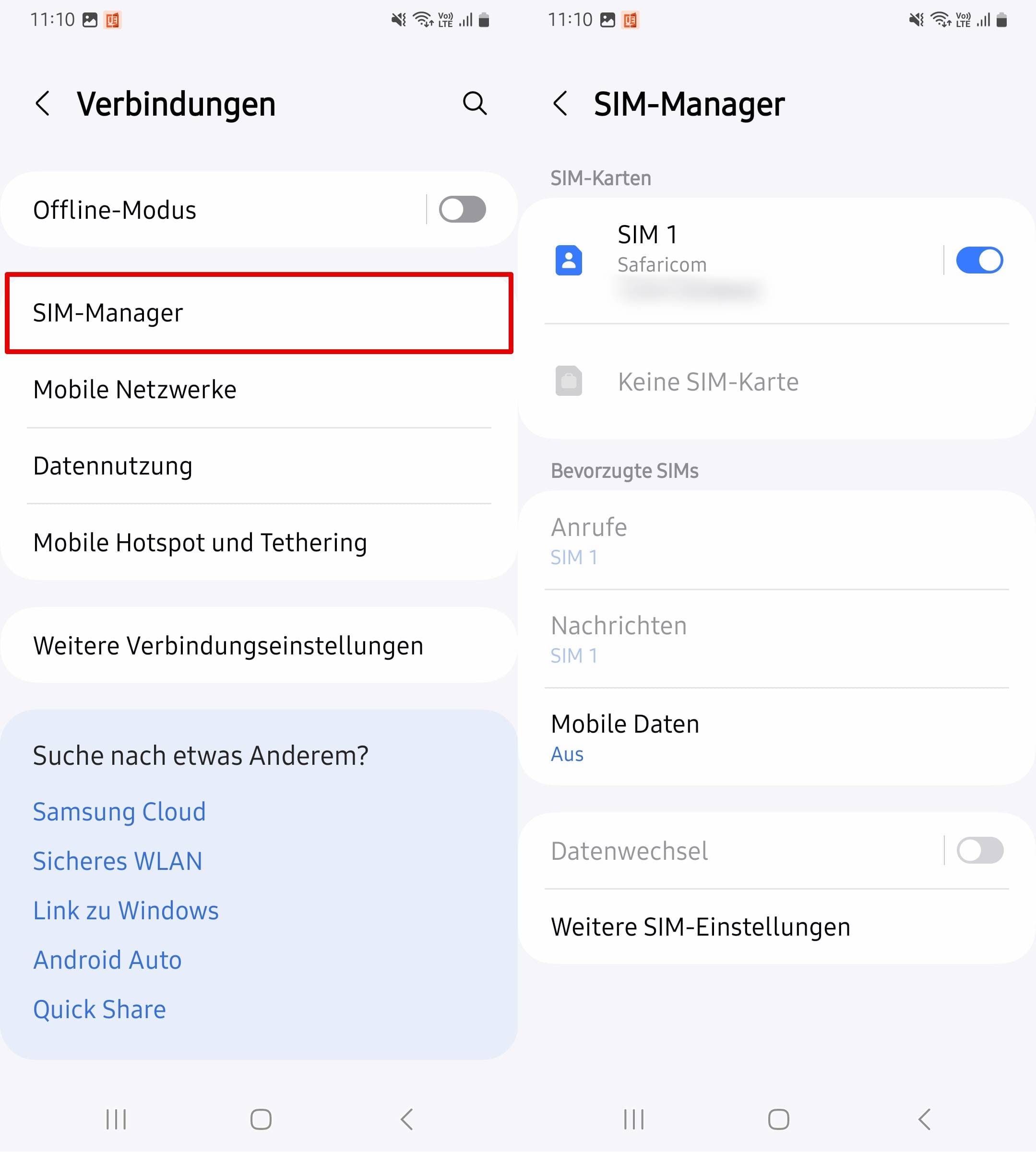 Öffnen sie verbindungen, SIM-manager, um den Netzwerknamen der SIM-karte anzuzeigen.