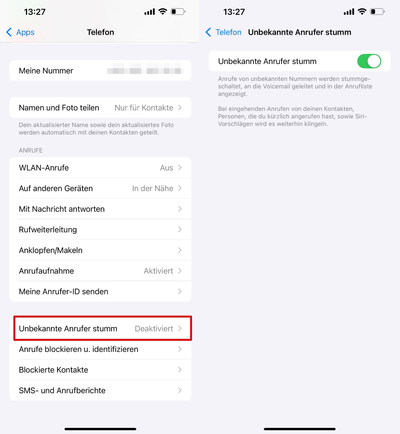 Wählen Sie Unbekannte Anrufer stumm in der Telefon-App und schalten Sie den Schalter auf EIN.