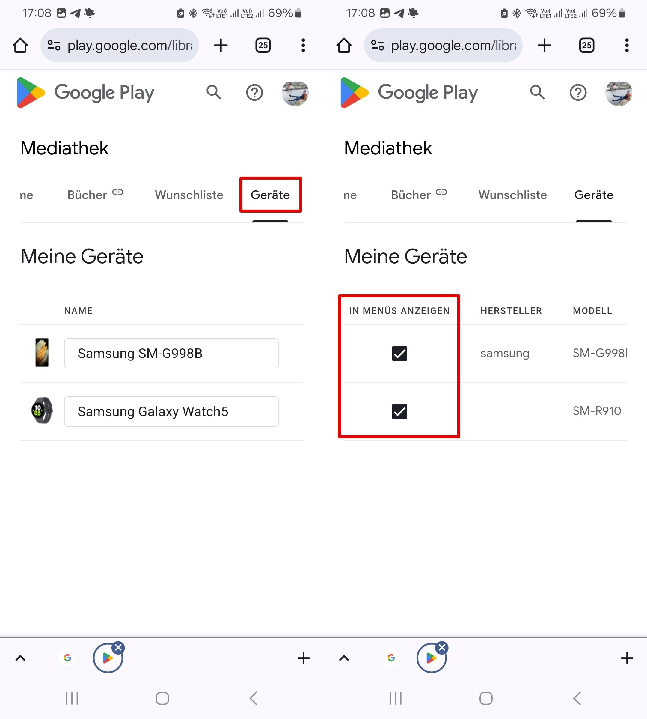 Google play-menü mit geräten und aktivierten elementen in menüs anzeigen.