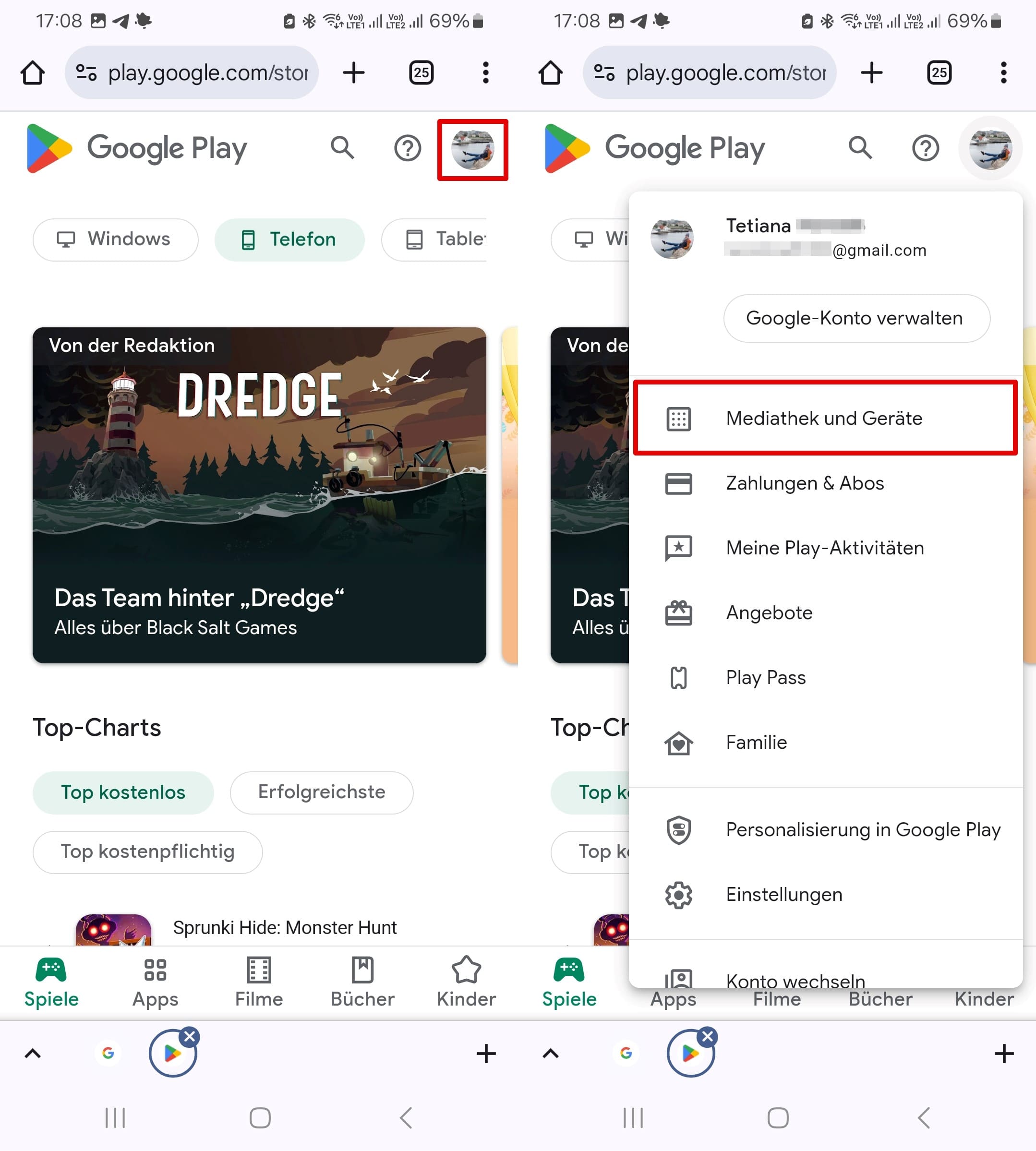 Öffnen sie google play in einem browser und klicken sie auf das profilsymbol.