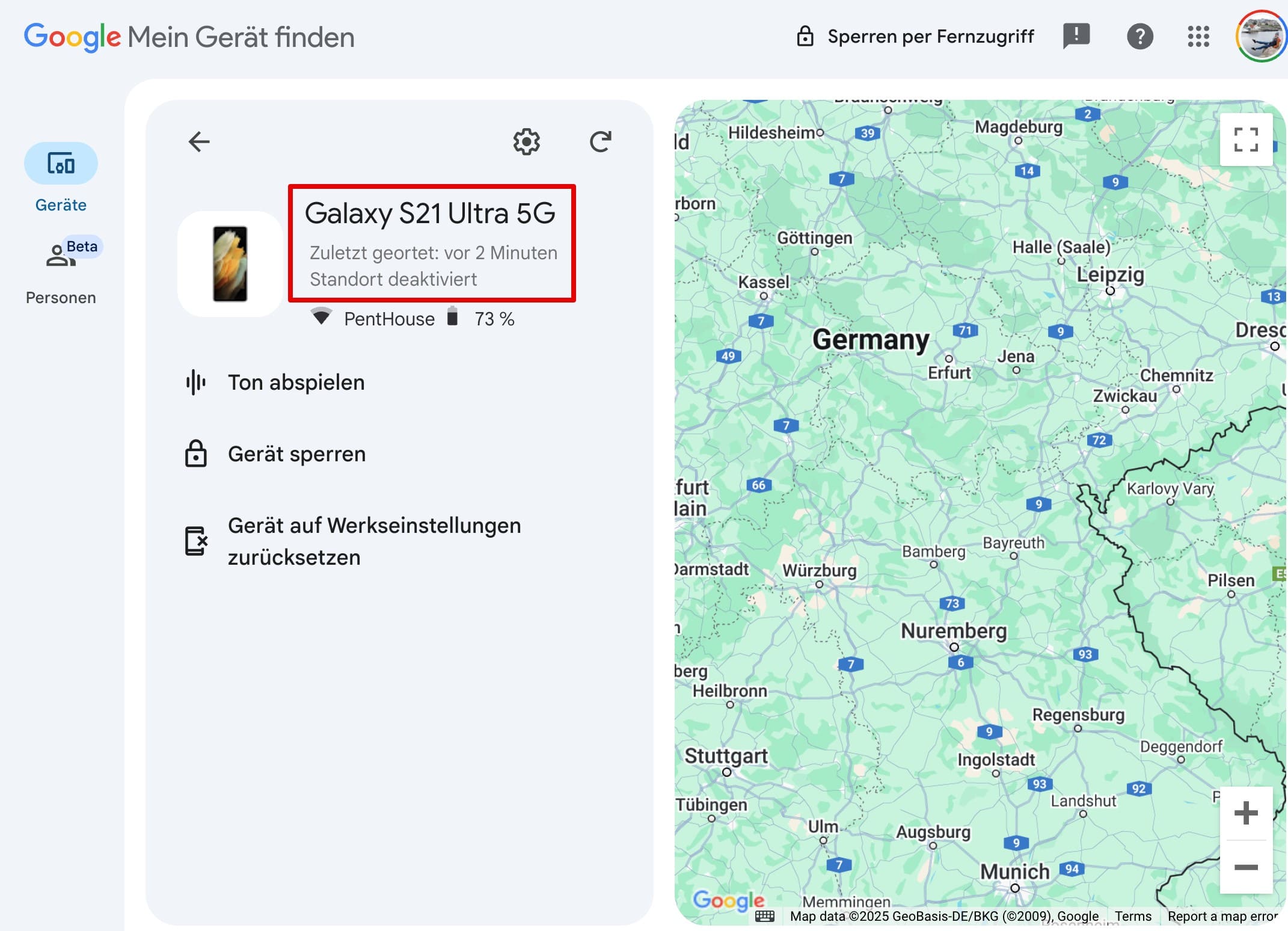 Mein Gerät finden zeigt an, dass die standortsuche des telefons deaktiviert ist.