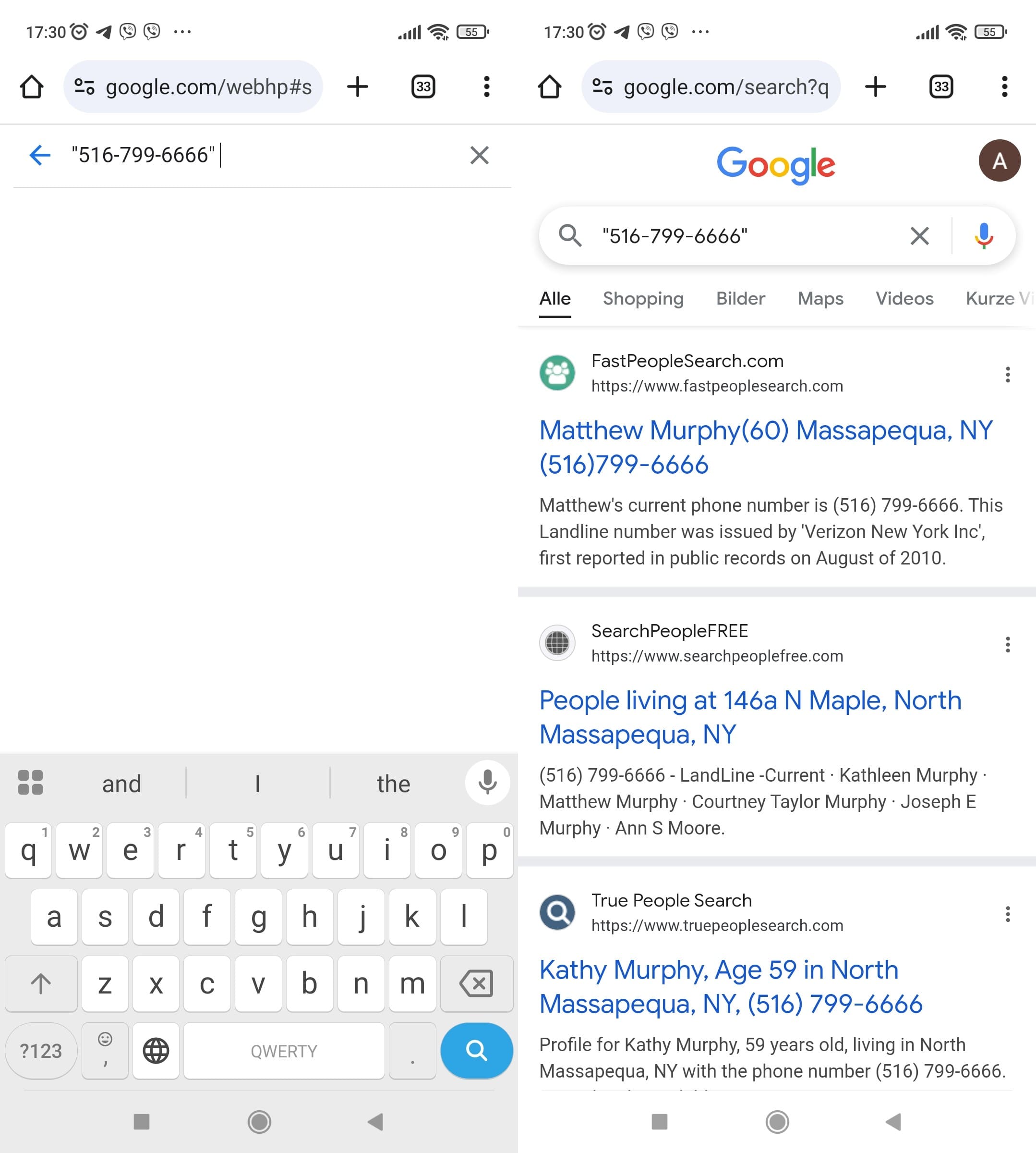 Gib deine Telefonnummer in die Google-Suche ein und sieh dir die Ergebnisse an.