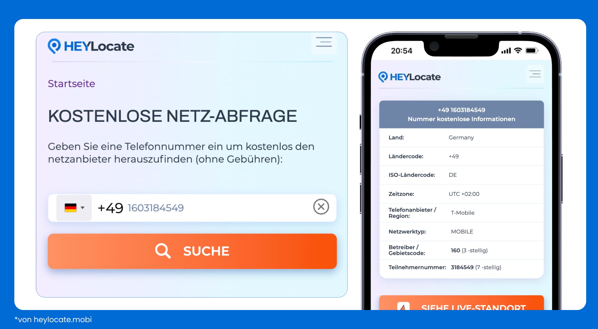 Nummerneingabefeld und Suchergebnis, einschließlich Land, Landesvorwahl, Zeitzone, Anbieter/Region, Netz- und Betreibertyp oder Ortsvorwahl.