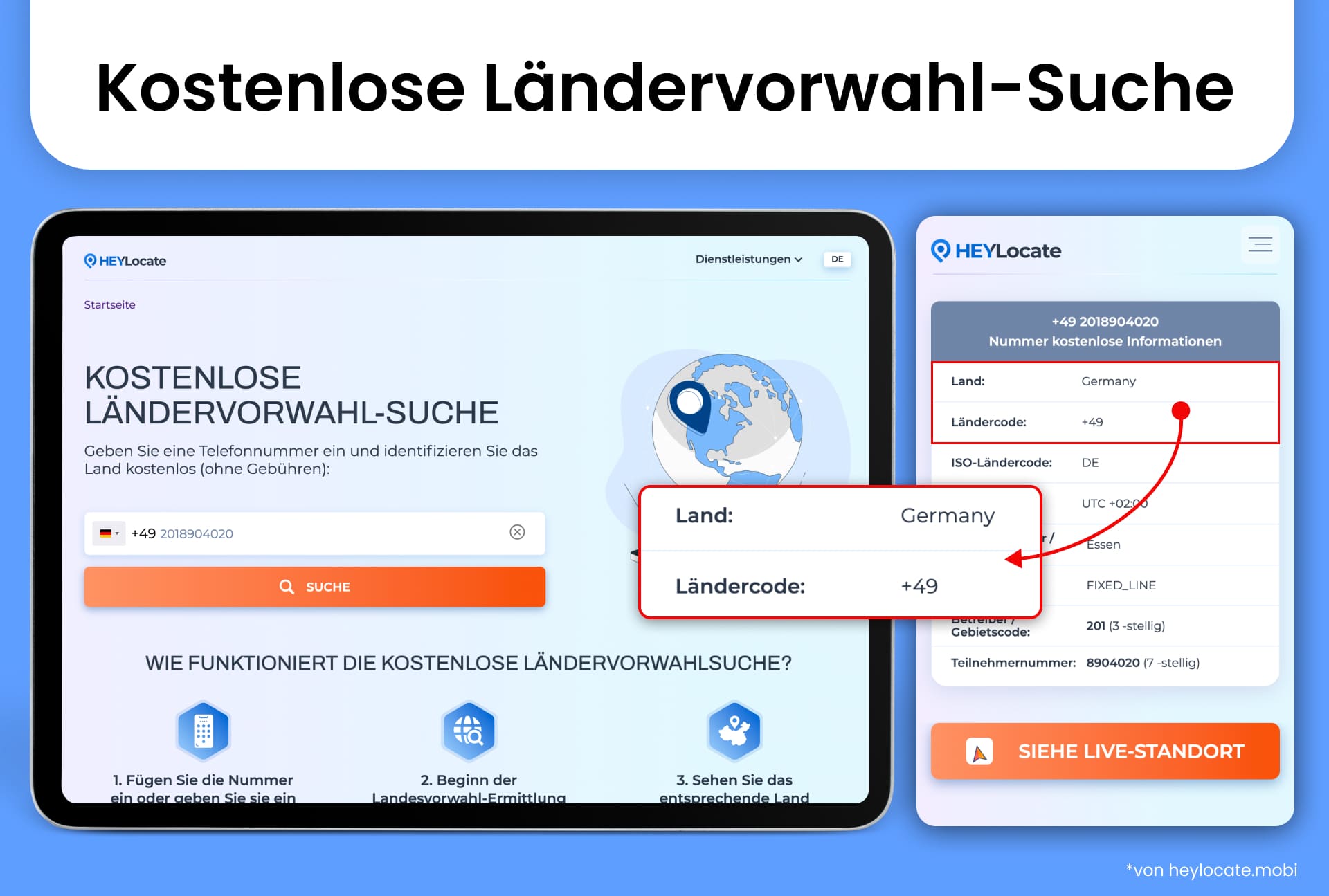 Telefonnummern-Eingabefeld neben den Ergebnissen mit Schwerpunkt auf Länderinformationen und Ländervorwahl.