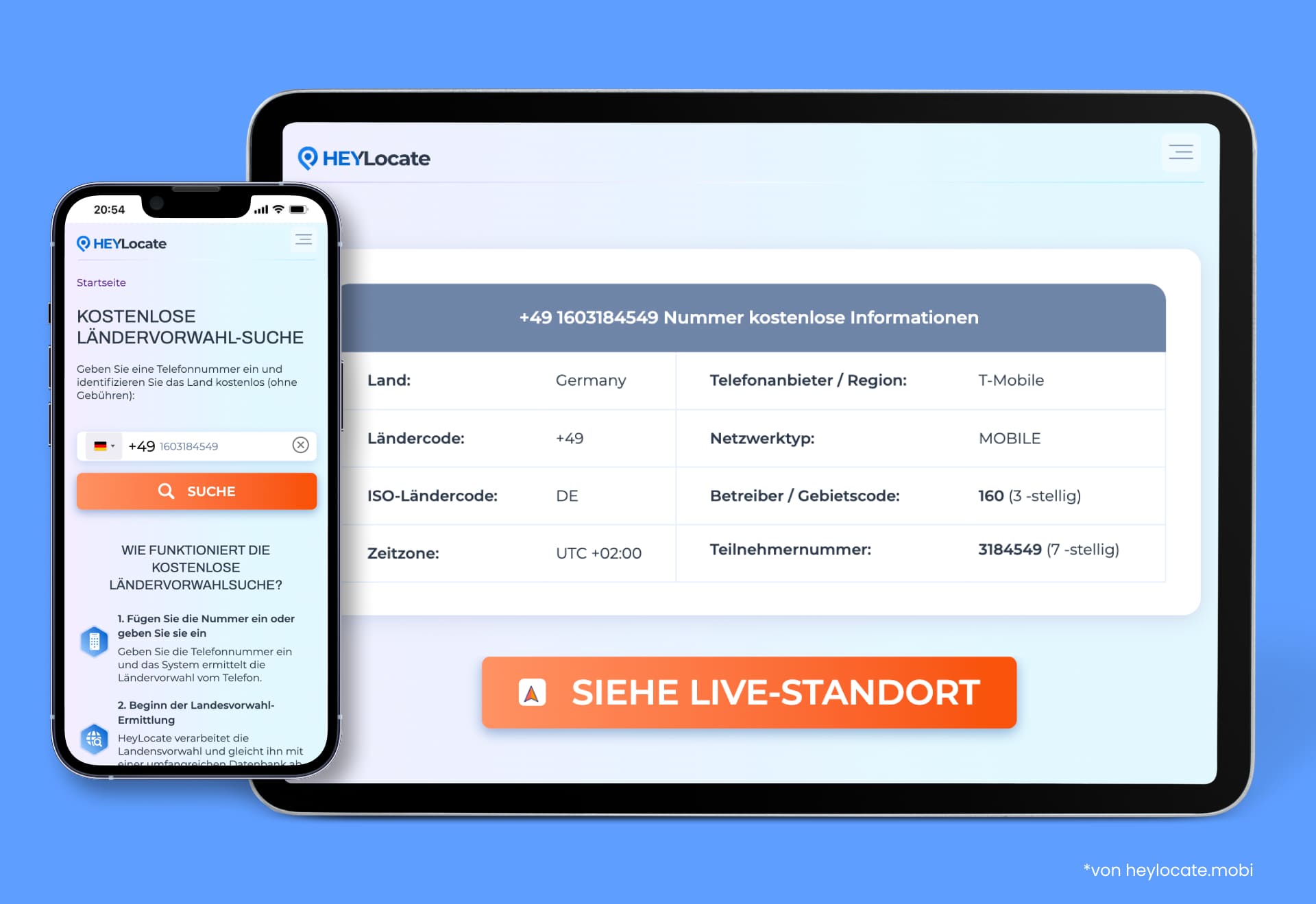 Telefonnummern-Eingabefeld und Suchergebnisse: Land, Ländervorwahl, ISO-Ländercode, Zeitzone, Telekommunikationsanbieter/-gebiet, Netztyp, Betreiber- oder Ortsvorwahl und Teilnehmernummer.