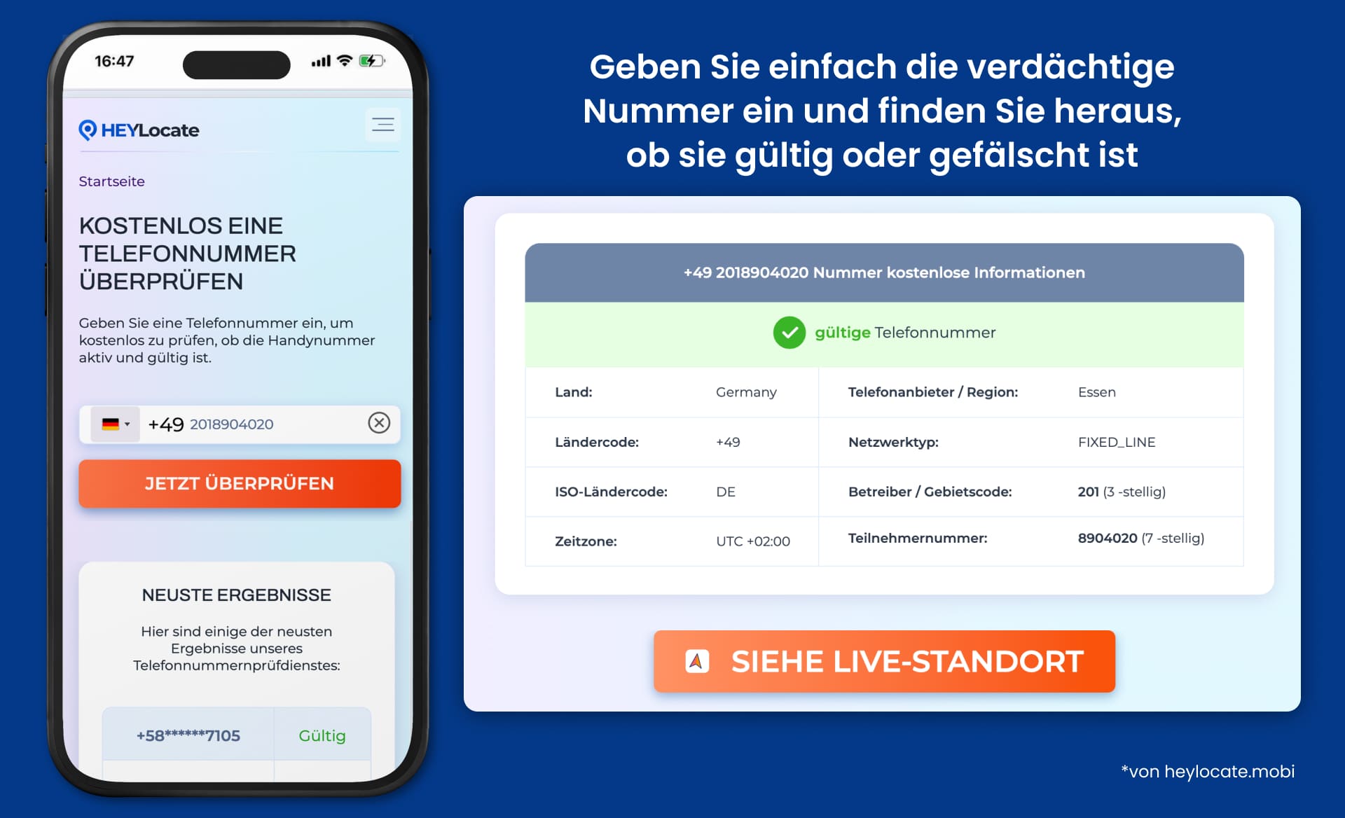 Feld zur Eingabe einer Telefonnummer mit kostenloser Überprüfung der Telefonnummer und den Ergebnissen der Überprüfung (Land, Ländervorwahl, ISO-Ländercode, Zeitzone, Telekommunikationsanbieter/-gebiet, Netztyp, Betreiber- oder Ortsvorwahl und Teilnehmernummer).