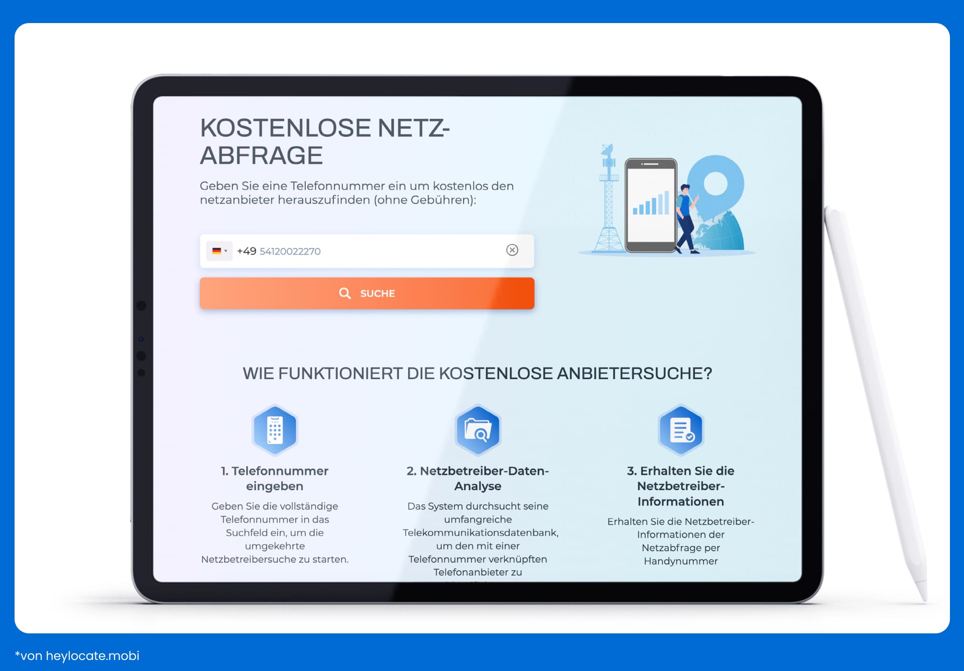 Heylocate-Oberfläche für die kostenlose Anbietersuche nach Telefonnummern und eine Schritt-für-Schritt-Anleitung zur Funktionsweise des Reverse-Lookup-Systems.