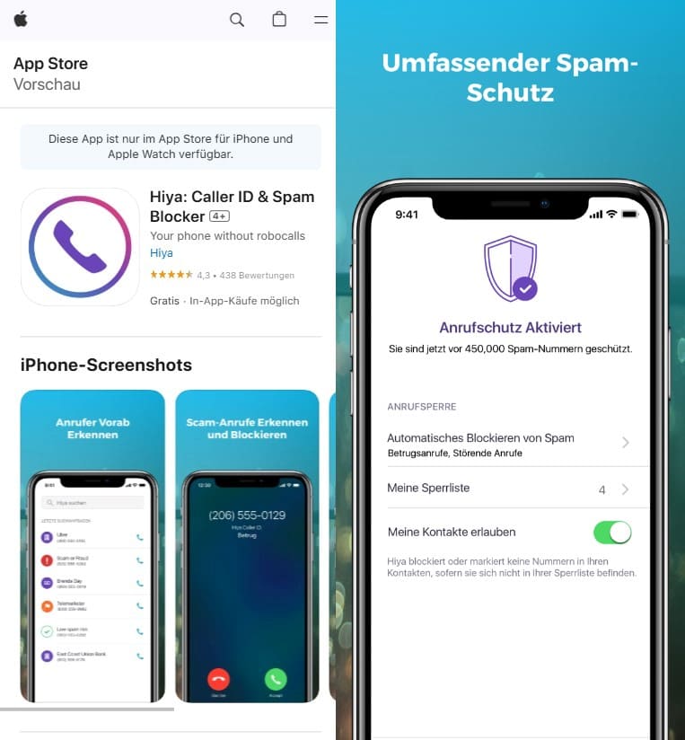 Sie können die Hiya App aus dem App Store herunterladen und unbekannte Anrufe identifizieren.
