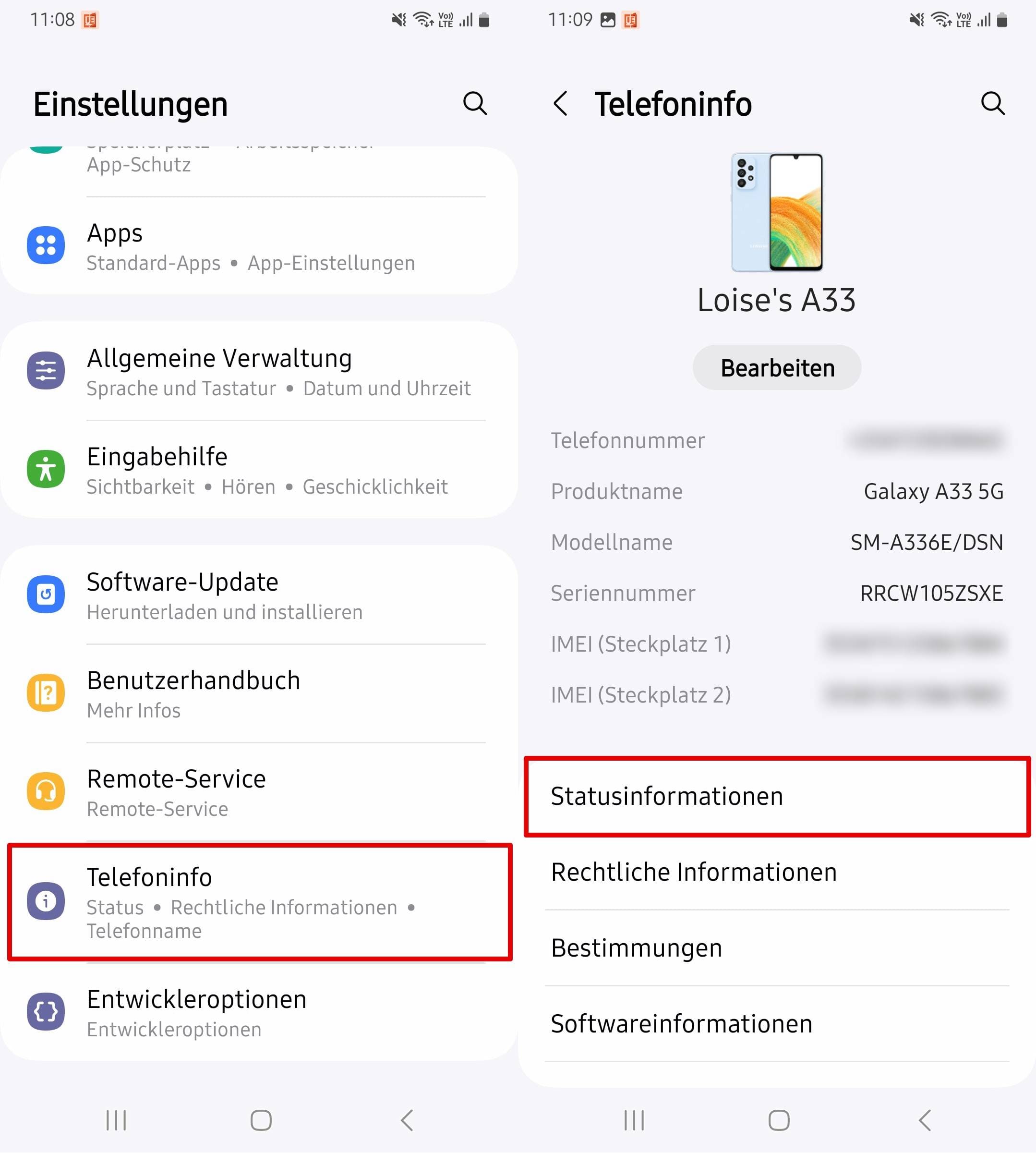 klicken sie auf Einstellungen und öffnen Sie Telefoninfo.