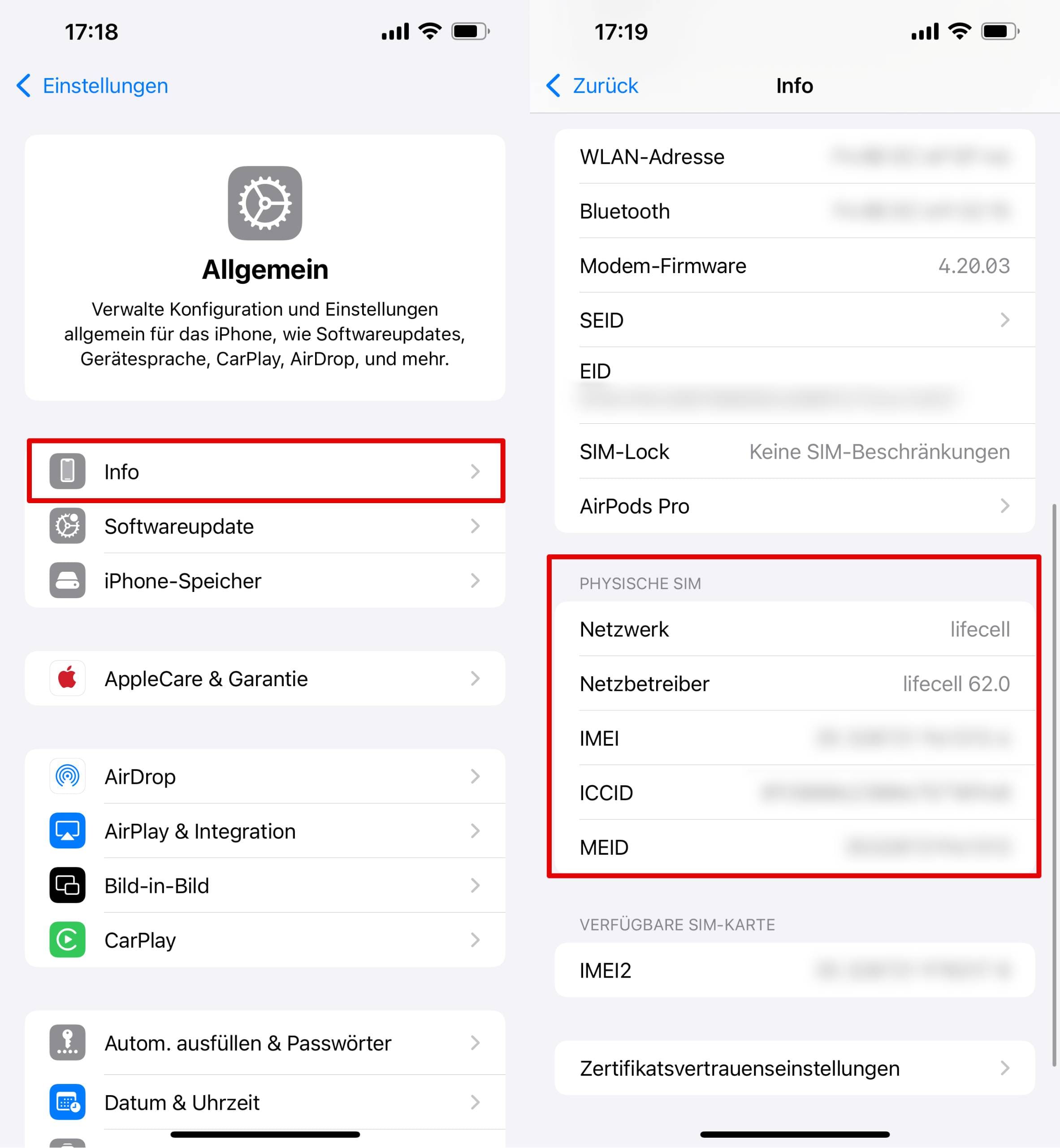 gehen sie zu den allgemeinen Einstellungen des iPhone – info – block PHYSIKALISCHE SIM.