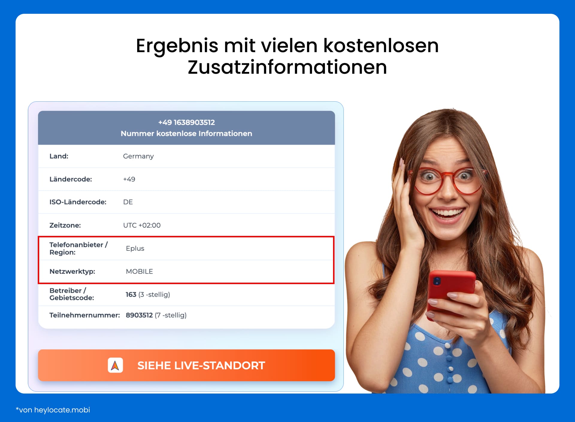 Suchergebnisse mit hervorgehobenen Einträgen für Telekommunikationsanbieter/Region und Netztyp.