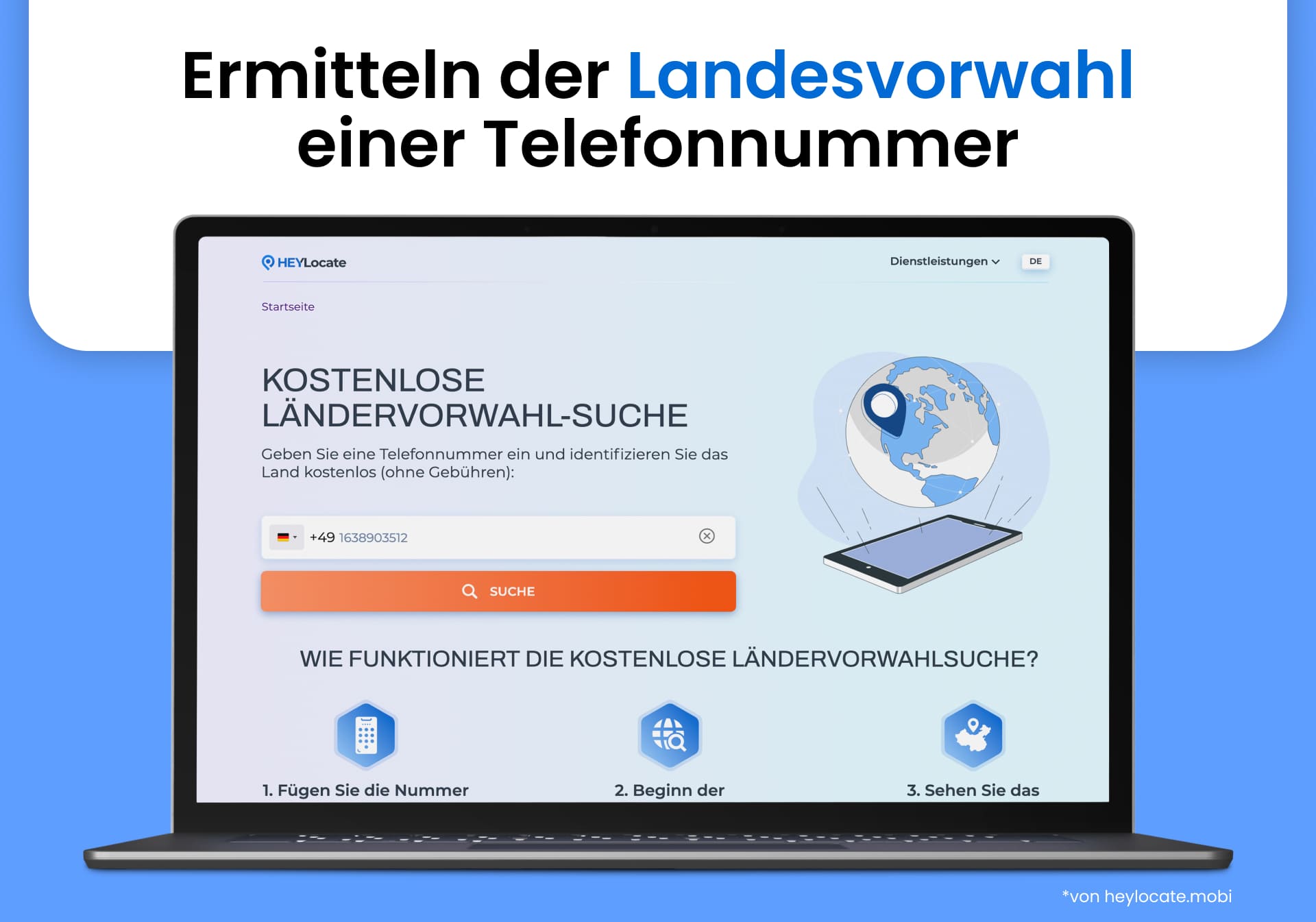 Laptop mit der Homepage des kostenlosen Dienstes zur Ländervorwahlsuche nach Telefonnummer.