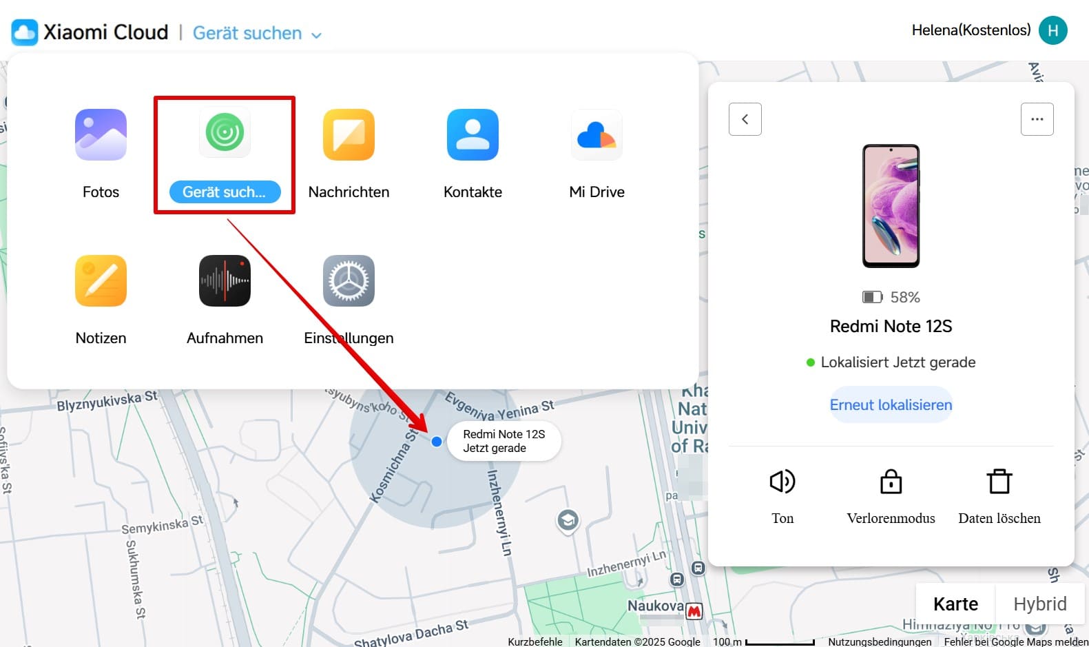 Ein Bild von Mi Find Device zeigt den Standort eines verlorenen Redmi-Handys