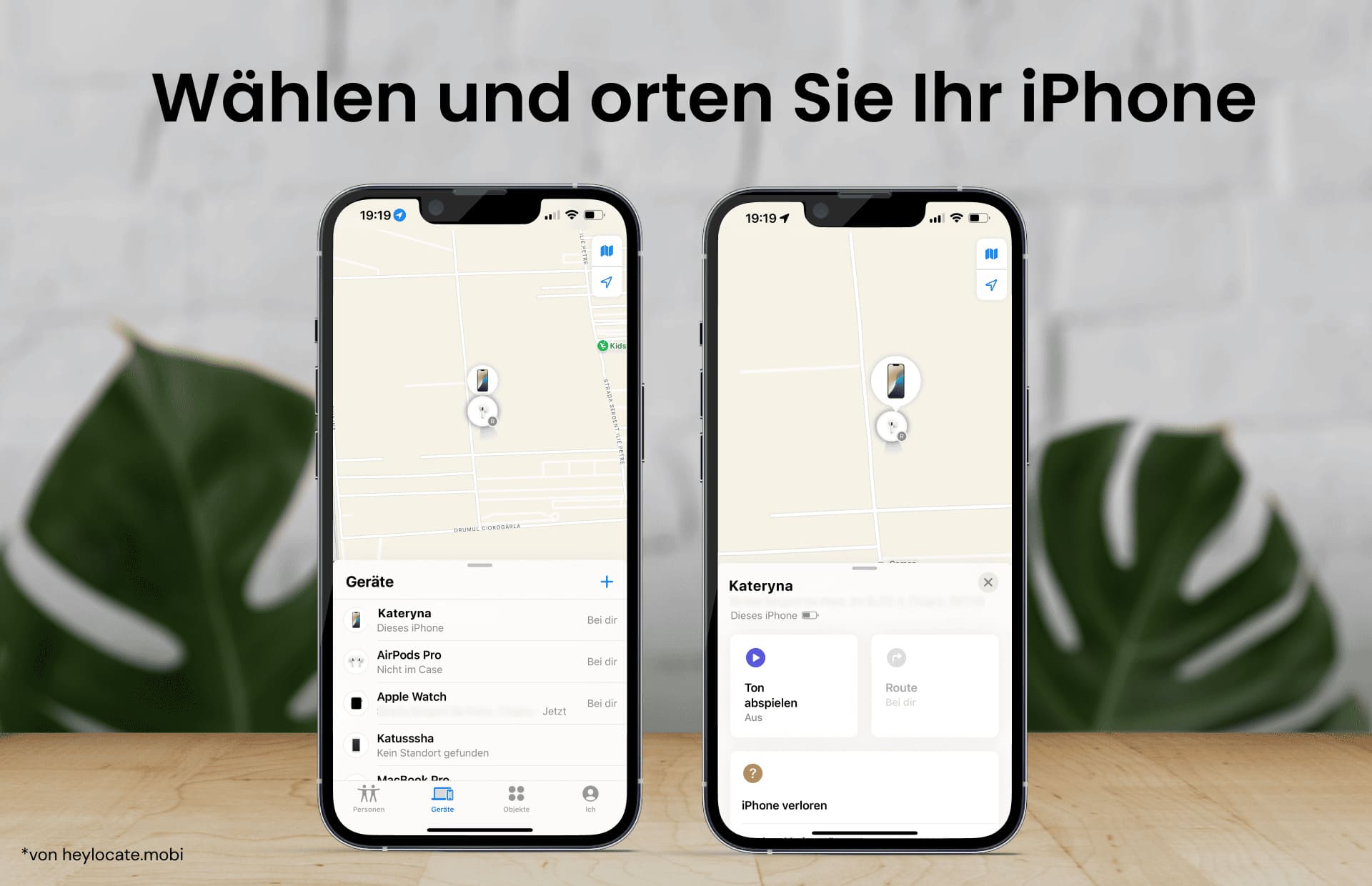 Gerät auswählen und die Funktionen Ton abspielen, Wegbeschreibung und Benachrichtigungen der Wo ist?-App aufrufen.