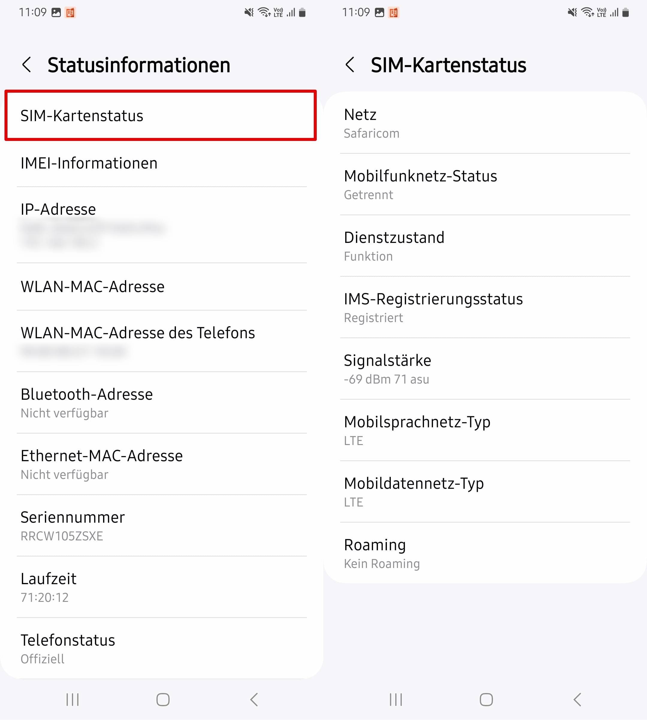 klicken sie auf SIM-Kartenstatus, um den Netzwerknamen unter SIM-Kartenstatus anzuzeigen.