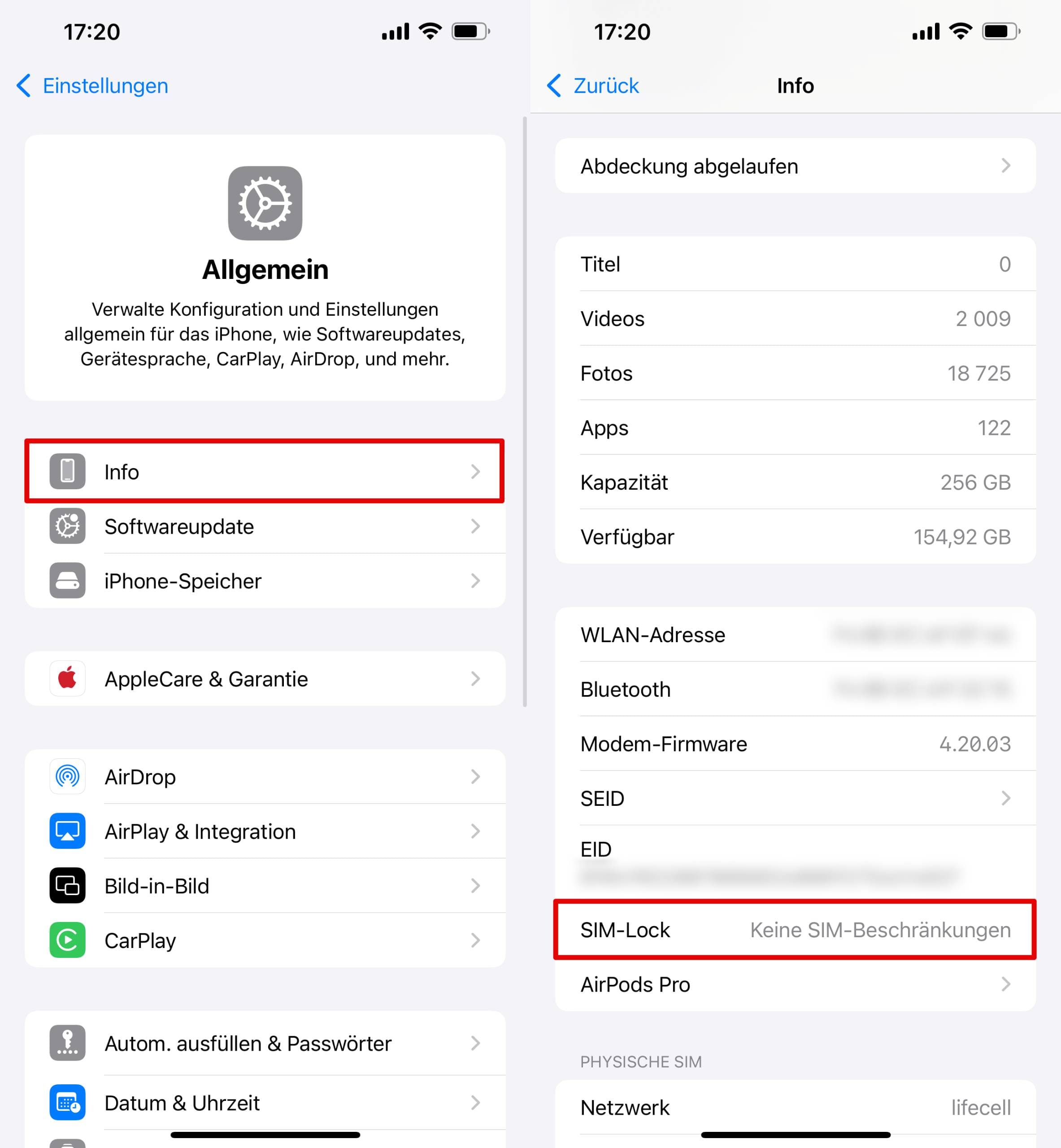 Scrollen sie zu netzbetreibersperre, um den SIM-lock-status zu prüfen.