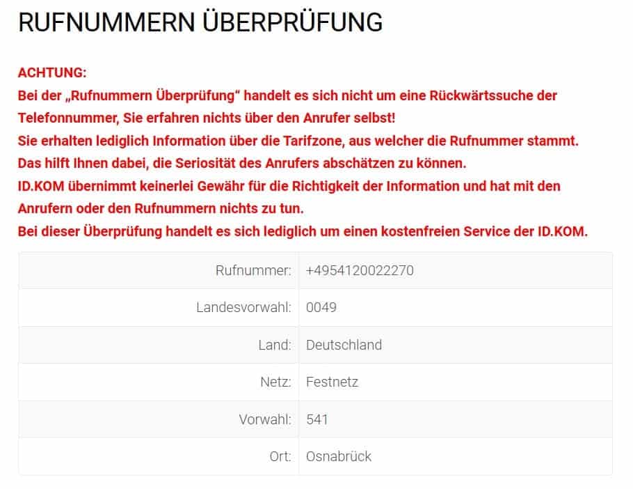 Nachdem Sie eine Telefonnummer bei Speedfax eingegeben haben, können Sie die Ergebnisse einsehen: Ländervorwahl, Mobilfunkanbieter und Standort.
