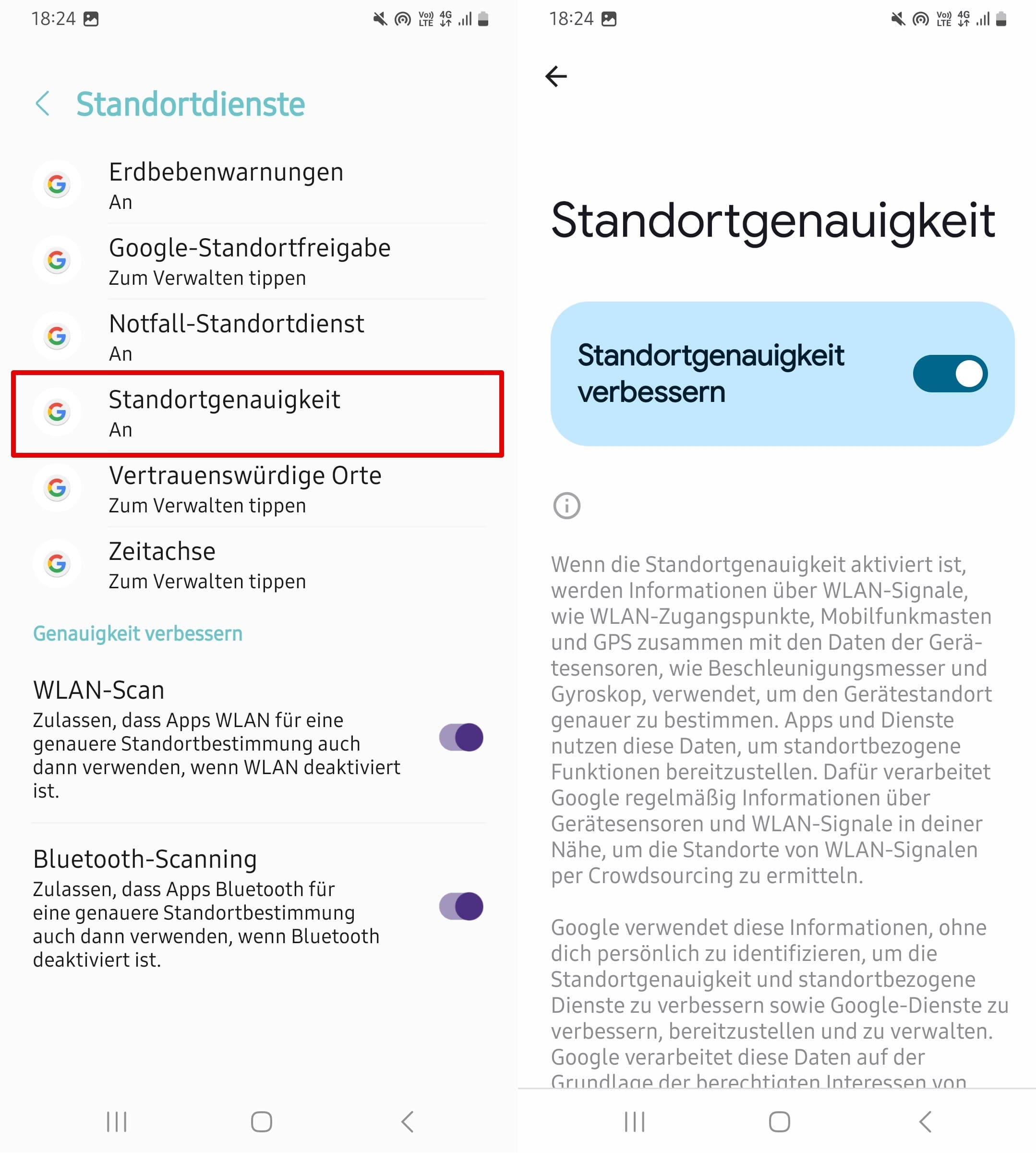 Android-einstellungen zum aktivieren der standortgenauigkeit.