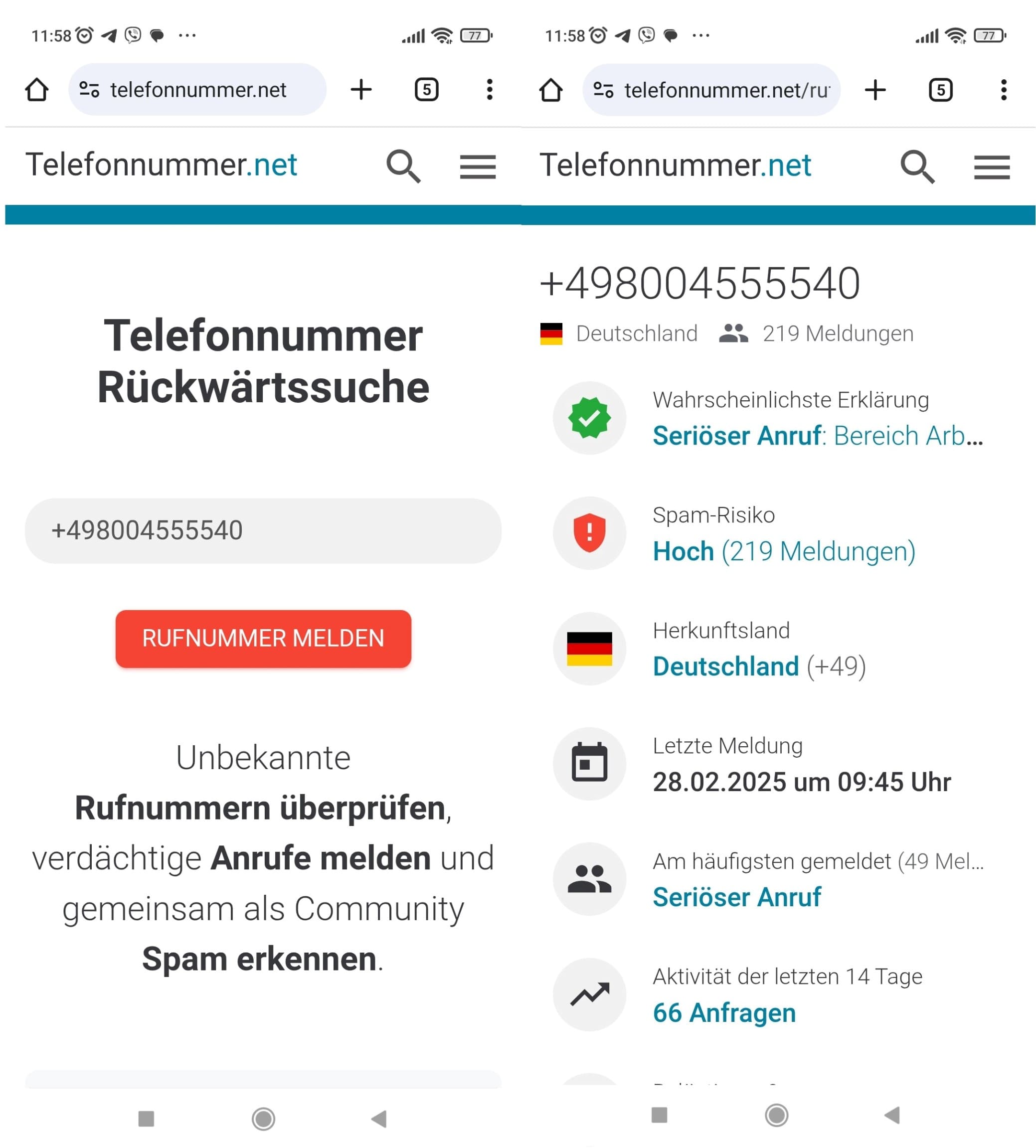 Über den Telefonnummer.net-Rückwärtssuchdienst können Sie eine unbekannte Telefonnummer auf Betrug überprüfen.