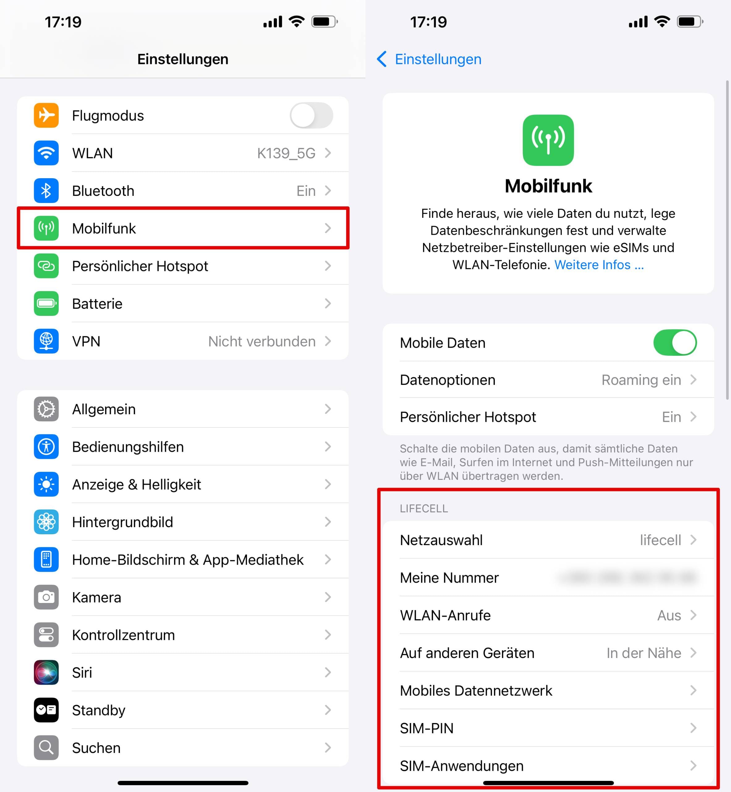 Öffnen Sie Einstellungen und tippen Sie auf Mobilfunkdienst, um den namen des Netzbetreibers und die Mobilfunkoptionen anzuzeigen.