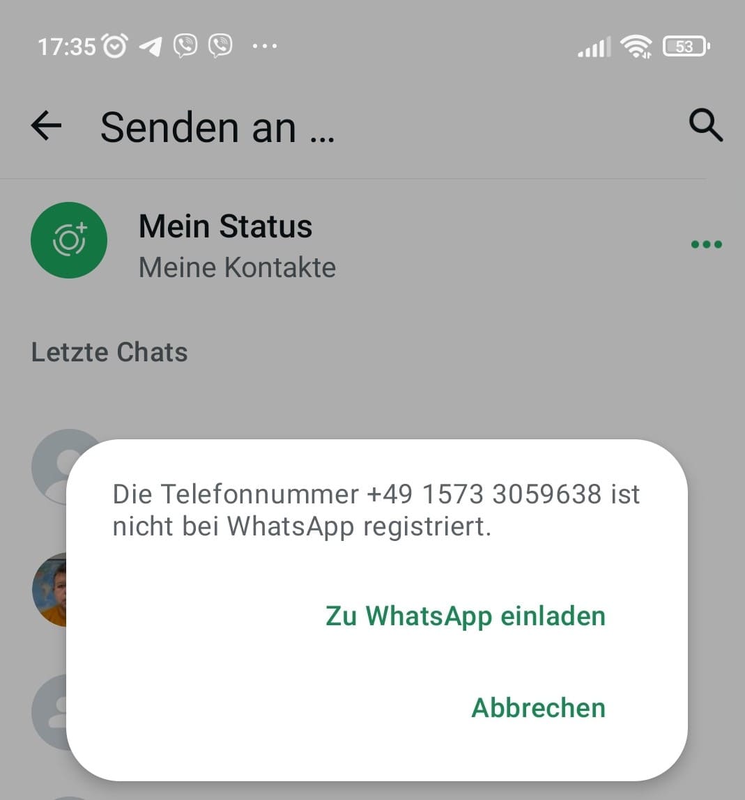 Die WhatsApp-Suchergebnisse zeigen, dass die gesuchte Nummer WhatsApp nicht verwendet.