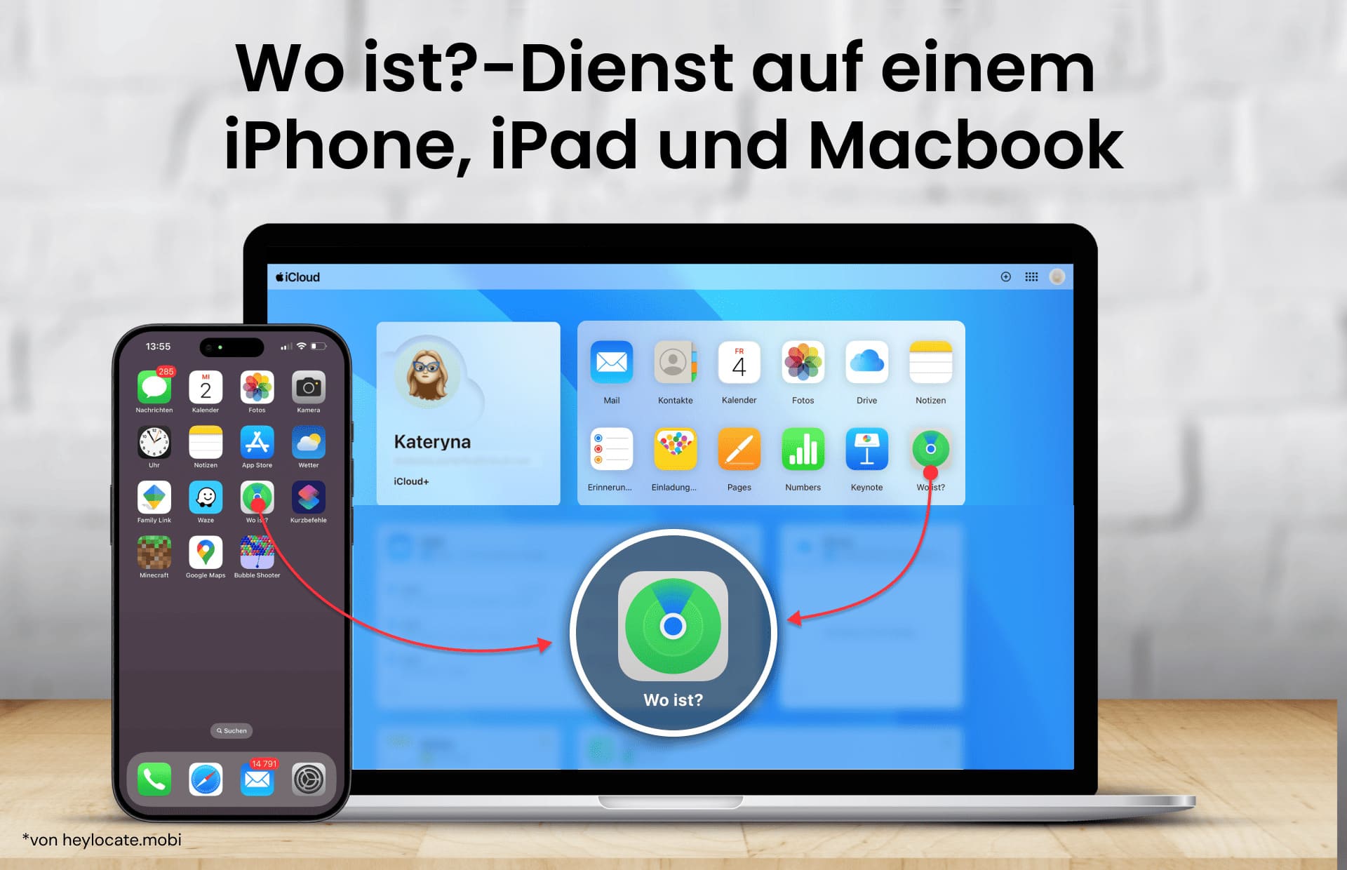 Wo ist? in die Suchleiste auf dem iPhone eingeben, um die Wo ist?-App zu finden und das Programm auf dem Mac zu öffnen.