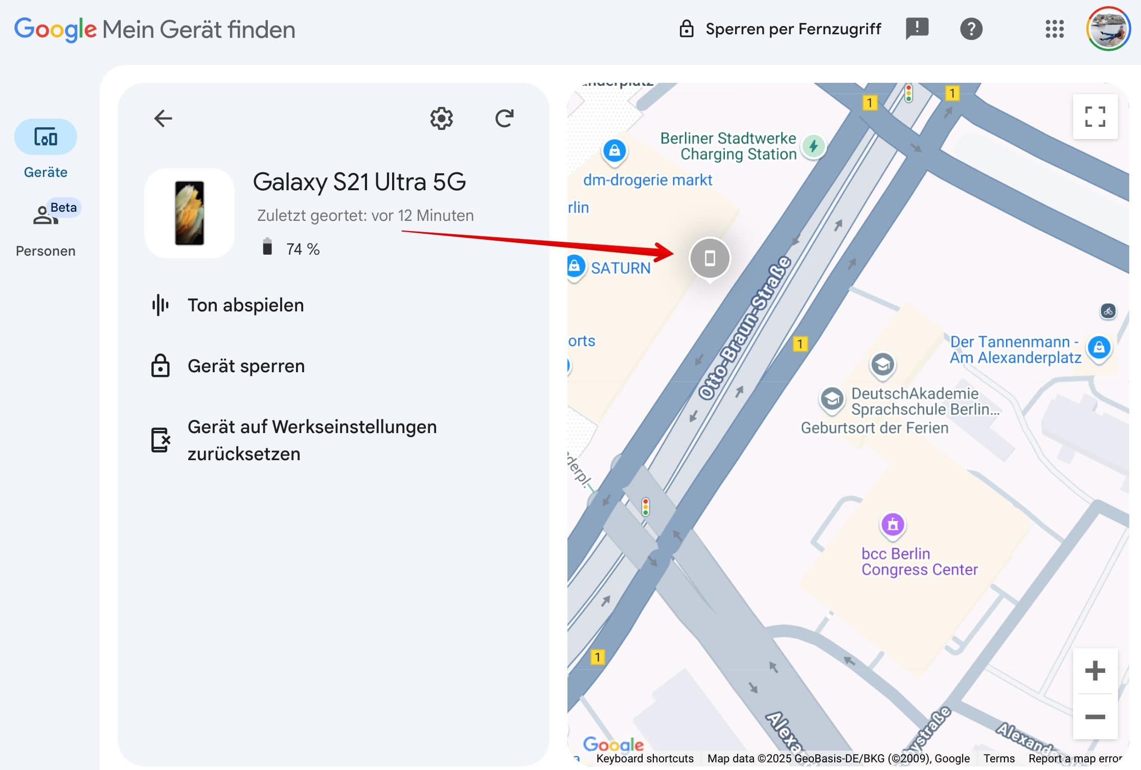 Mein Gerät finden zeigt den zuletzt gesehenen standort an, wenn das telefon ausgeschaltet ist.