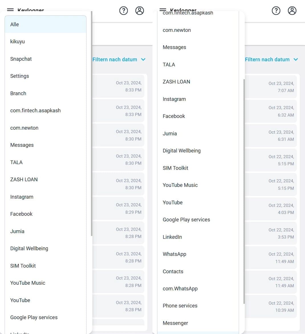 Keylogger zeigt eine Dropdown-Liste mit Anwendungen an, deren Aktivität aufgezeichnet wurde, wie beispielsweise Facebook, WhatsApp, Instagram und andere.