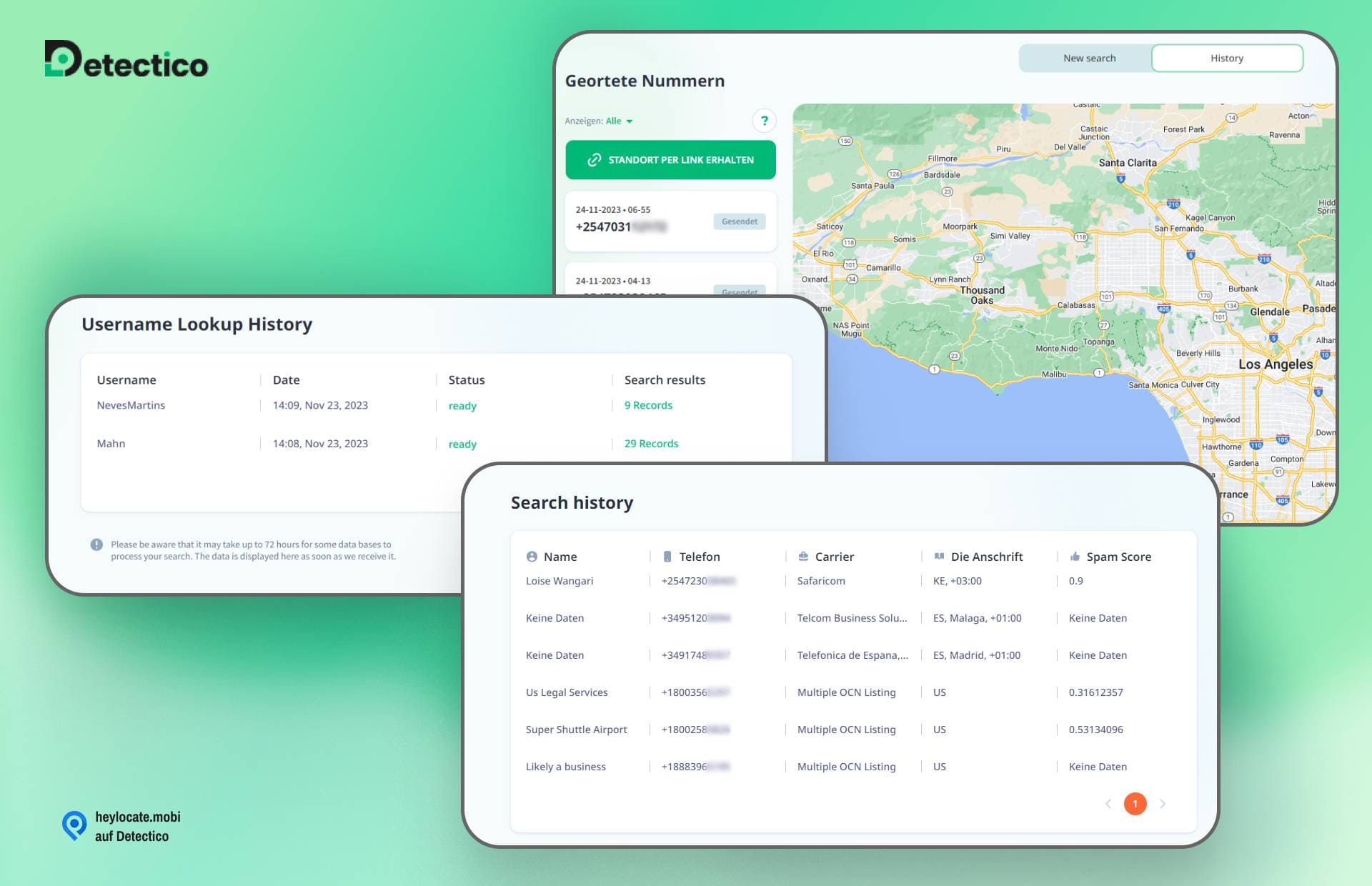 Eine Schnittstelle, die die verschiedenen Tracking-Funktionen von Detectico zeigt. Auf der linken Seite befindet sich eine Tabelle mit der Bezeichnung 'Username Lookup History', die Benutzernamen, Datum, Status und Suchergebnisse auflistet. In der Mitte befindet sich ein kleinerer Einschub mit dem Titel "Suchverlauf", der eine Liste von Namen, Telefonnummern, Betreibern, Adressen und Spam-Bewertungen anzeigt. Auf der rechten Seite befindet sich eine Karte mit den Reitern "Neuer Link" und "Linkverlauf", die die geografische Verfolgung anzeigen. Das Detectico-Logo befindet sich oben und die Website 'heylocate.mobi' mit dem Text 'über Detectico' unten.