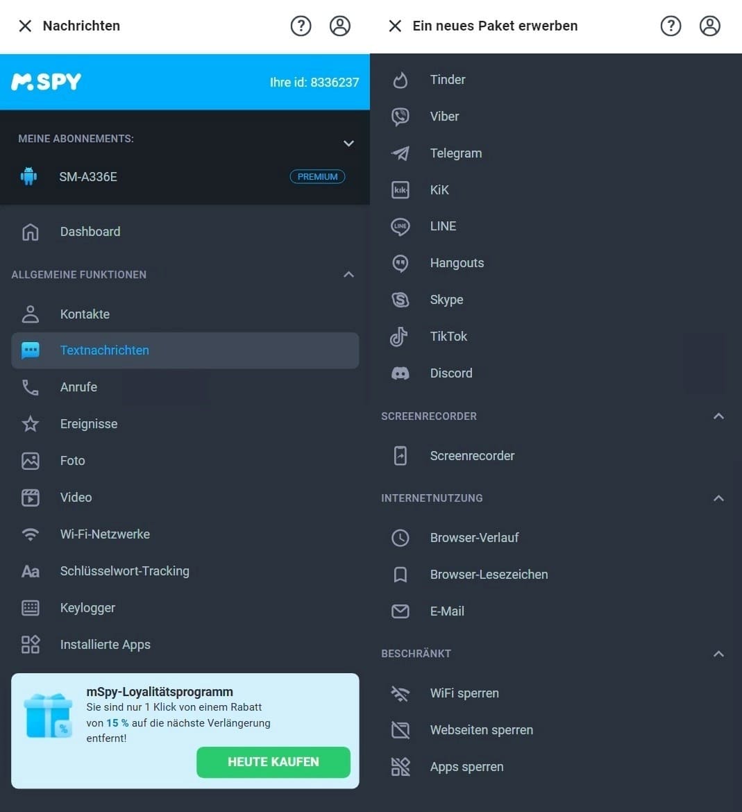 Der Screenshot des mSpy-Dashboards zeigt, was Sie auf dem Zielgerät sehen können.