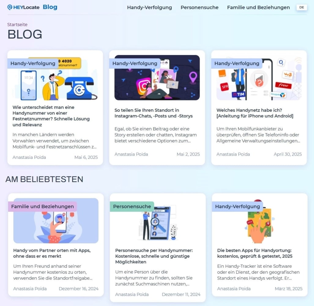Du kannst den HeyLocate-Blog mit Artikeln über verschiedene Handy-Tracking- und Rückwärtssuchdienste besuchen.
