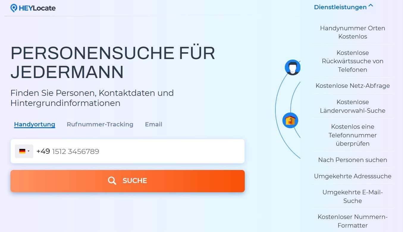 HeyLocate-Website: Hauptseite mit Dropdown-Menü für Dienstleistungen.