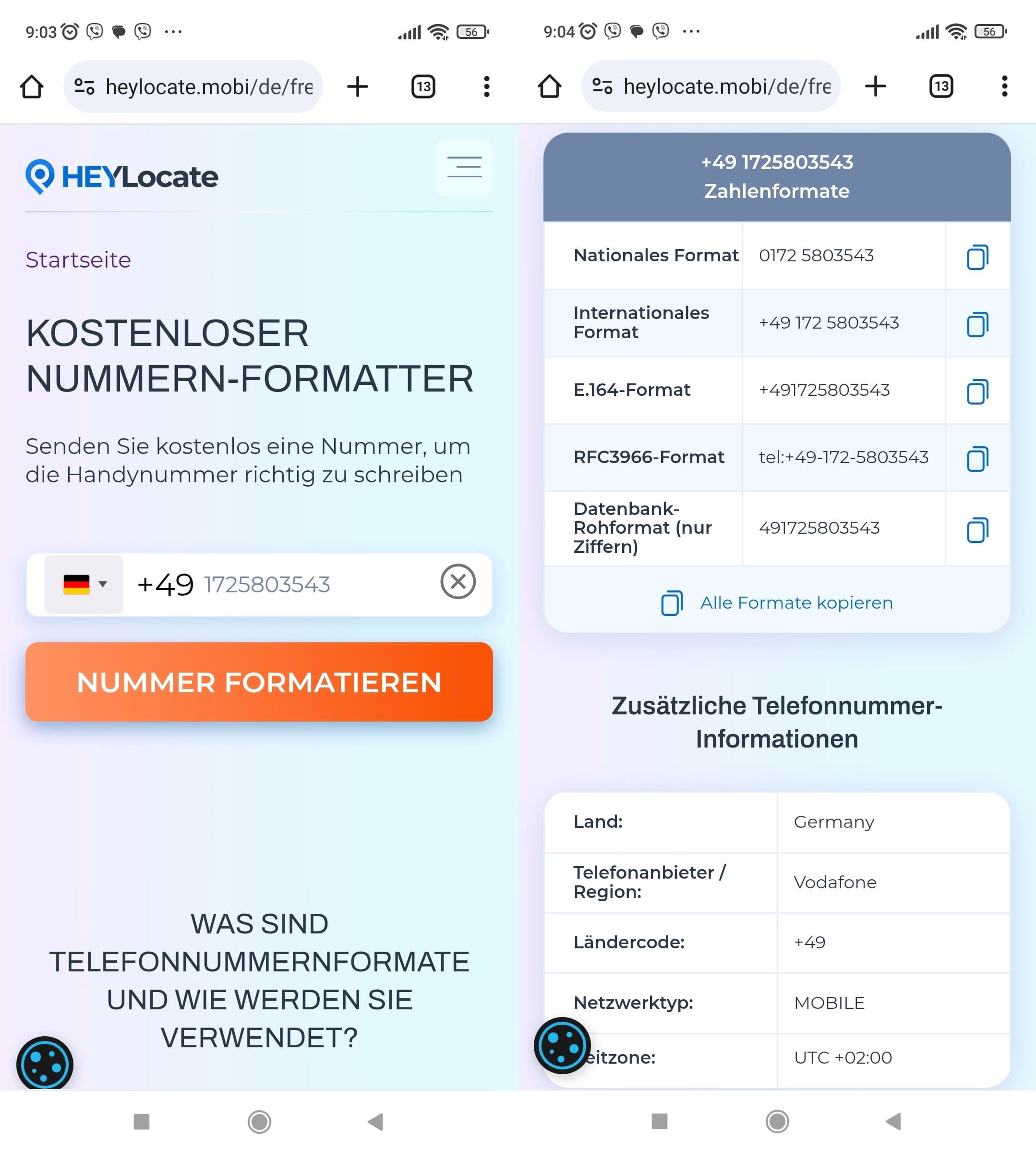 Gib eine Telefonnummer in das Formatierungsfeld von HeyLocate ein und erhalte sie in 5 verschiedenen Formaten.