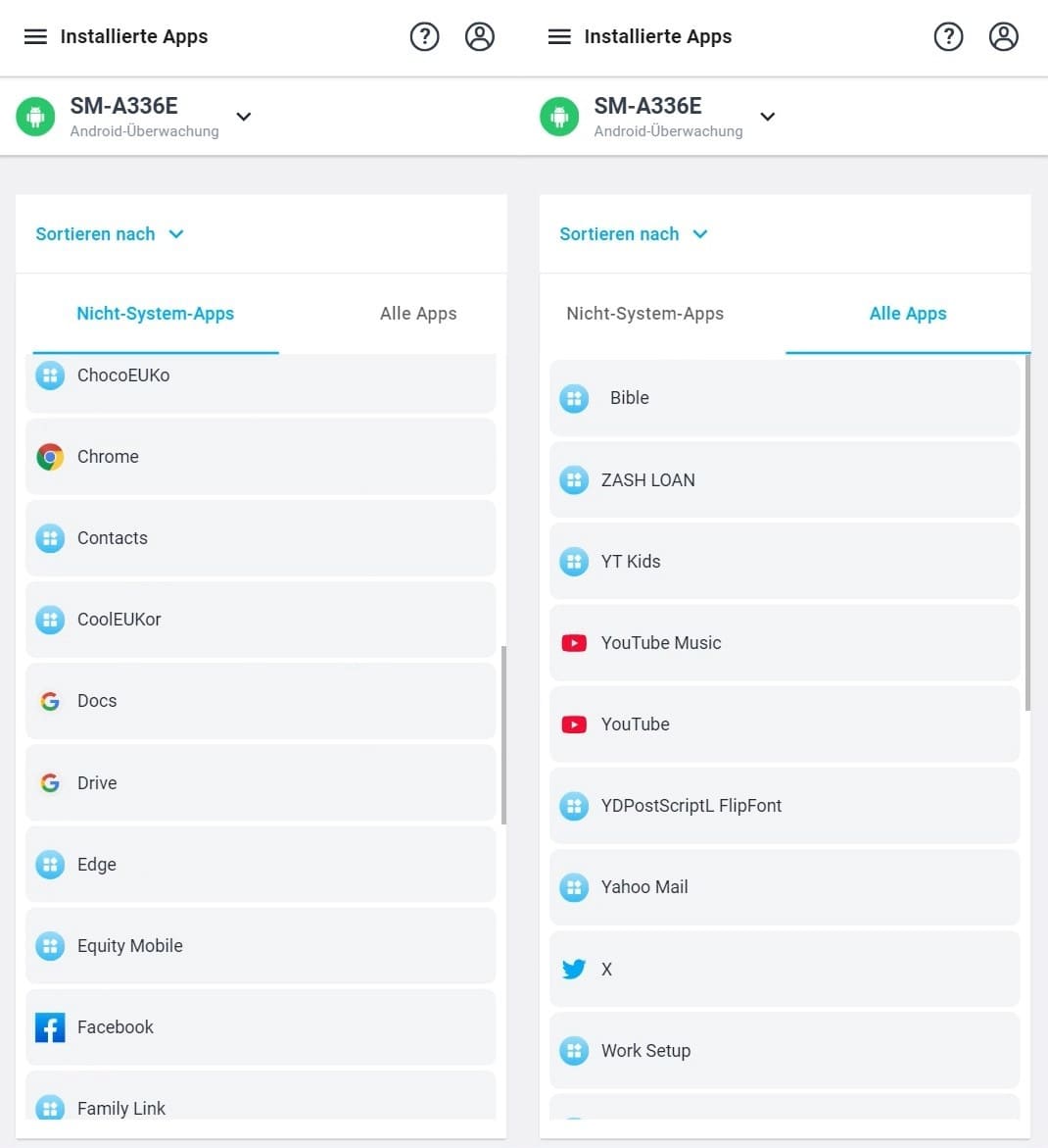 Liste der auf dem Zielgerät installierten Apps: Nicht-System-Apps und alle Apps, z. B. ChatGPT, YouTube, Chrome und X.