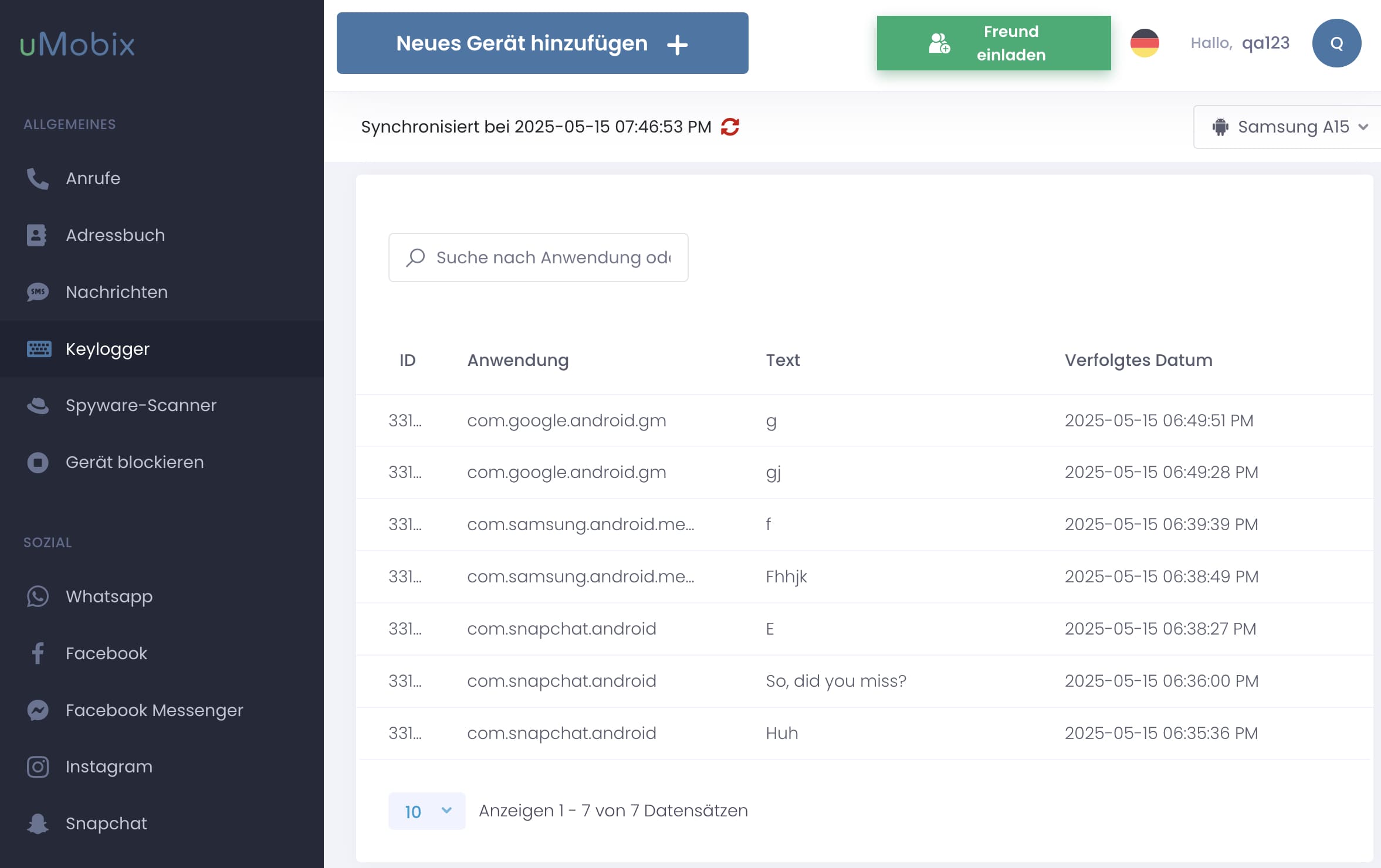 die Registerkarte Keylogger zeigt alle Tastenanschläge auf der Tastatur an.