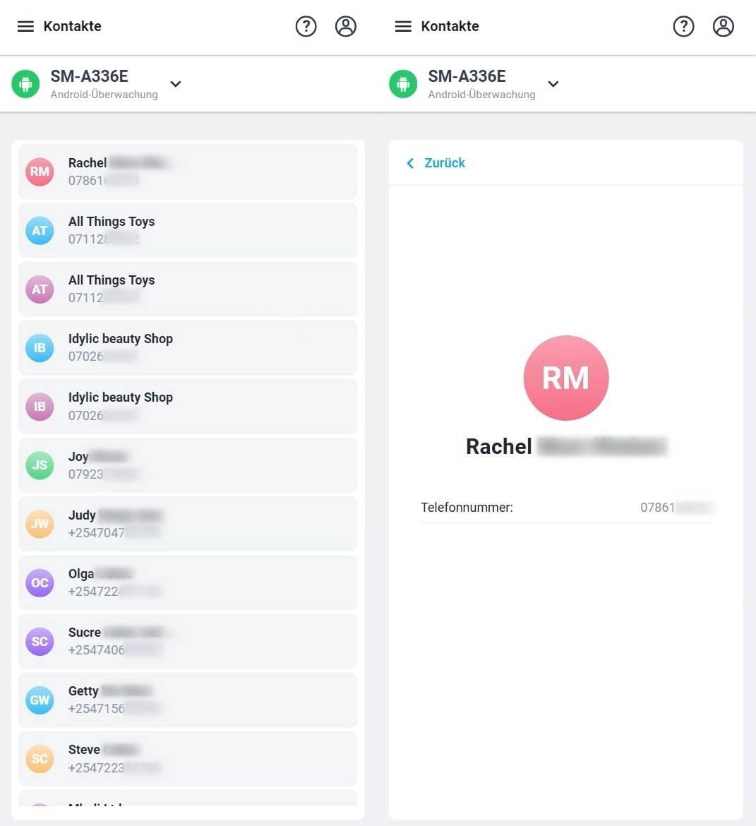 Kontaktliste und detaillierte Informationen zu einem einzelnen Kontakt: Name und Telefonnummer.