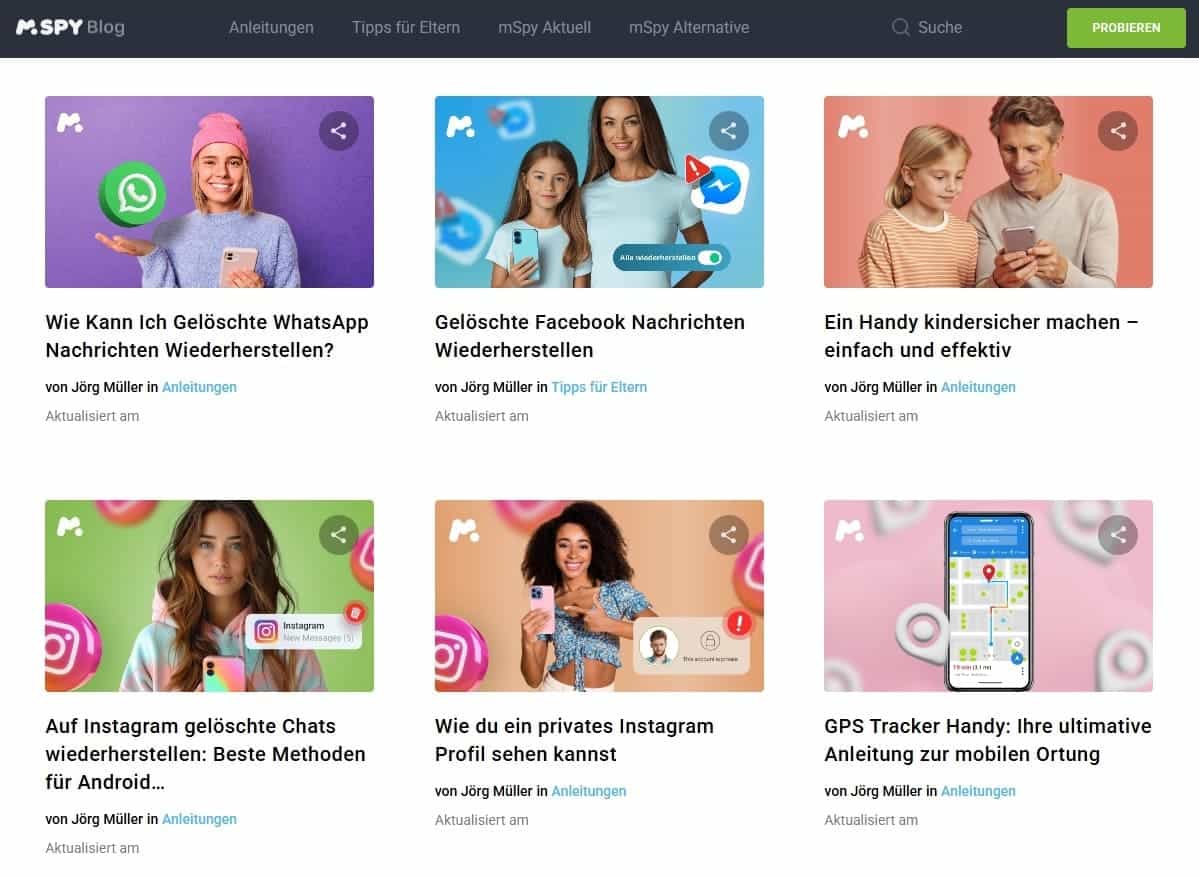 Die Homepage des mSpy-Blogs zeigt verschiedene Artikel zu Handyortung, Instagram-Überwachung, Snapchat-Aktivitäten und Tipps zur Kindersicherung.
