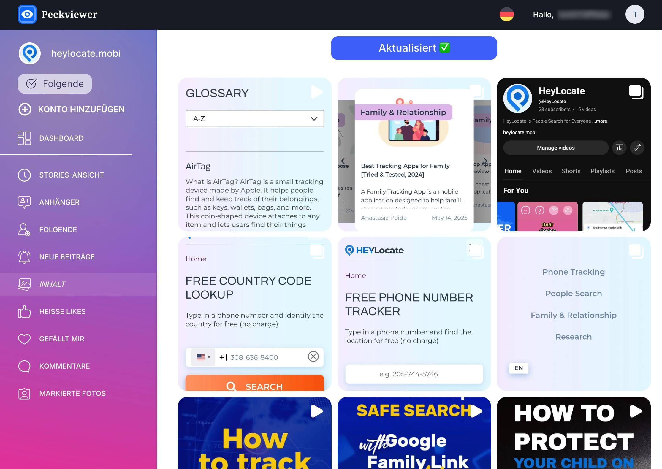 Auf einem Instagram-Konto verfolgte Inhalte im Peekviewer-Dashboard.
