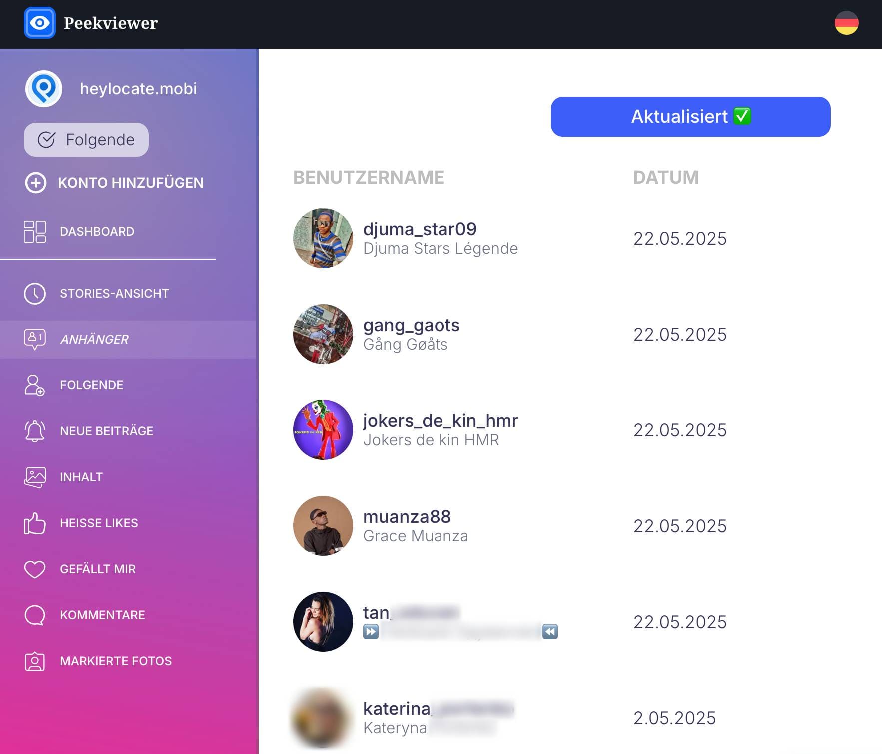Peekviewer zeigt die Liste der Follower eines Instagram-Accounts.