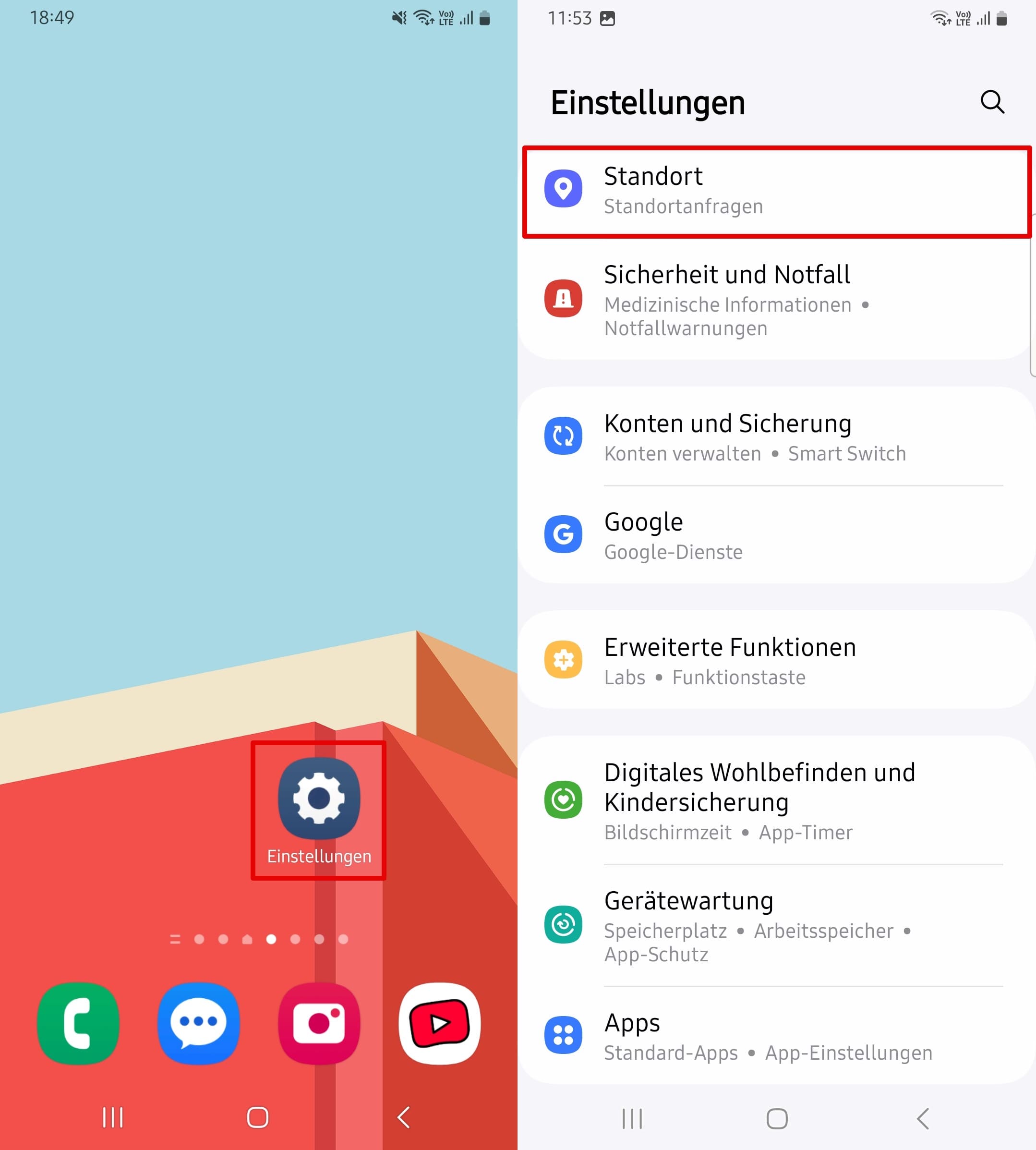 Öffne die Einstellungen und wähle Standort.