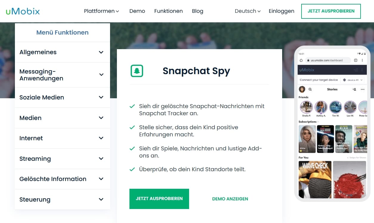 Bild der uMobix-Website mit Informationen und Funktionen zum Snapchat-Tracking
