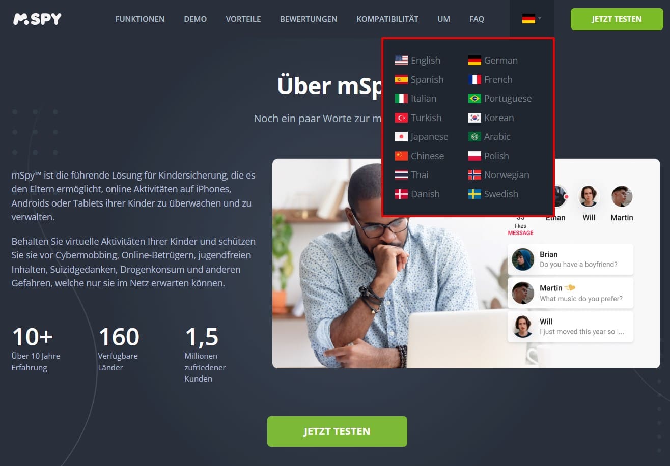 Liste der von der Website unterstützten Sprachen, darunter: Englisch, Spanisch, Portugiesisch, Französisch, Deutsch, Italienisch usw.