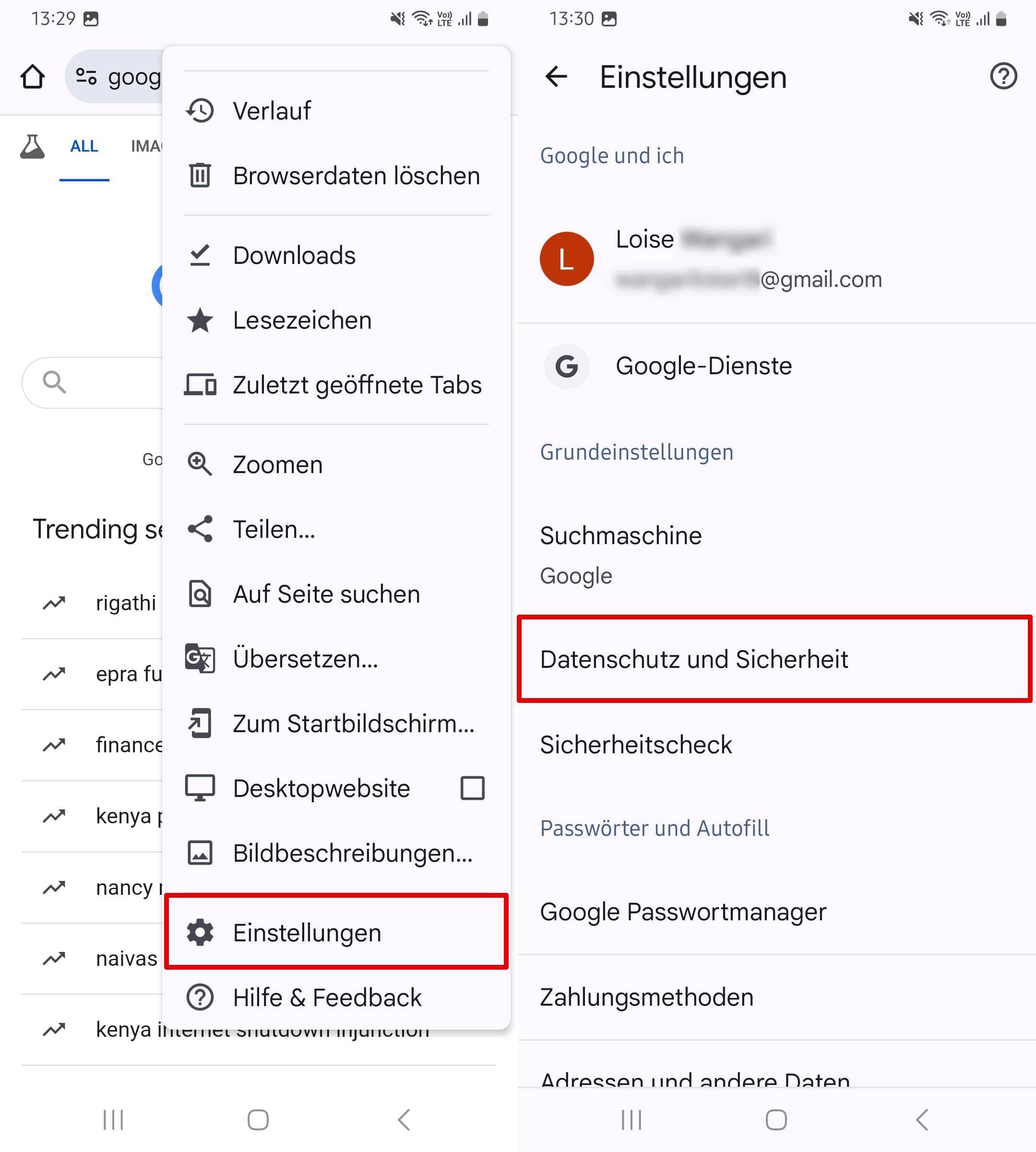 Öffnen Sie Chrome, klicken Sie auf drei Punkte und klicken Sie auf Einstellungen, wählen Sie Datenschutz & Sicherheit.