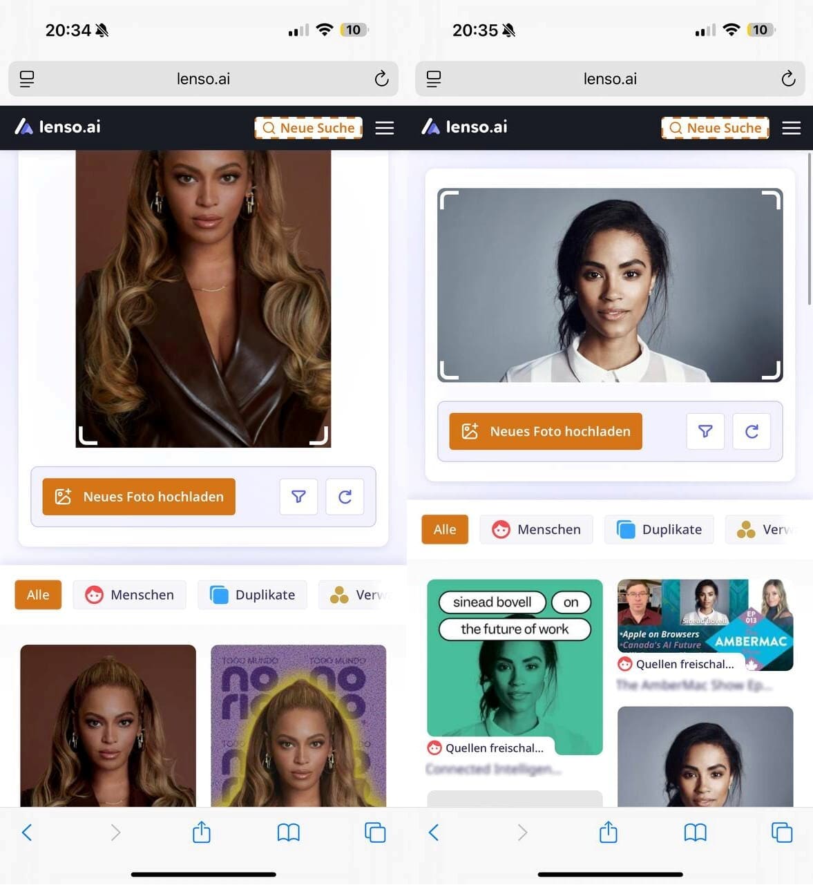 Screenshot der Gesichtsergebnisse, die vom KI-Tool für die umgekehrte Bildsuche bereitgestellt werden.