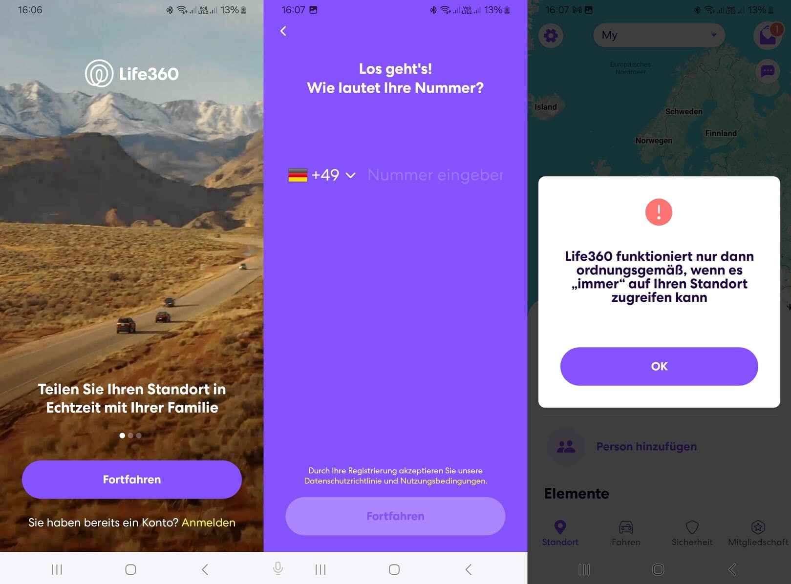 Öffnen Sie die Life360-App, klicken Sie auf Erste Schritte, um den Konfigurationsprozess zu starten.