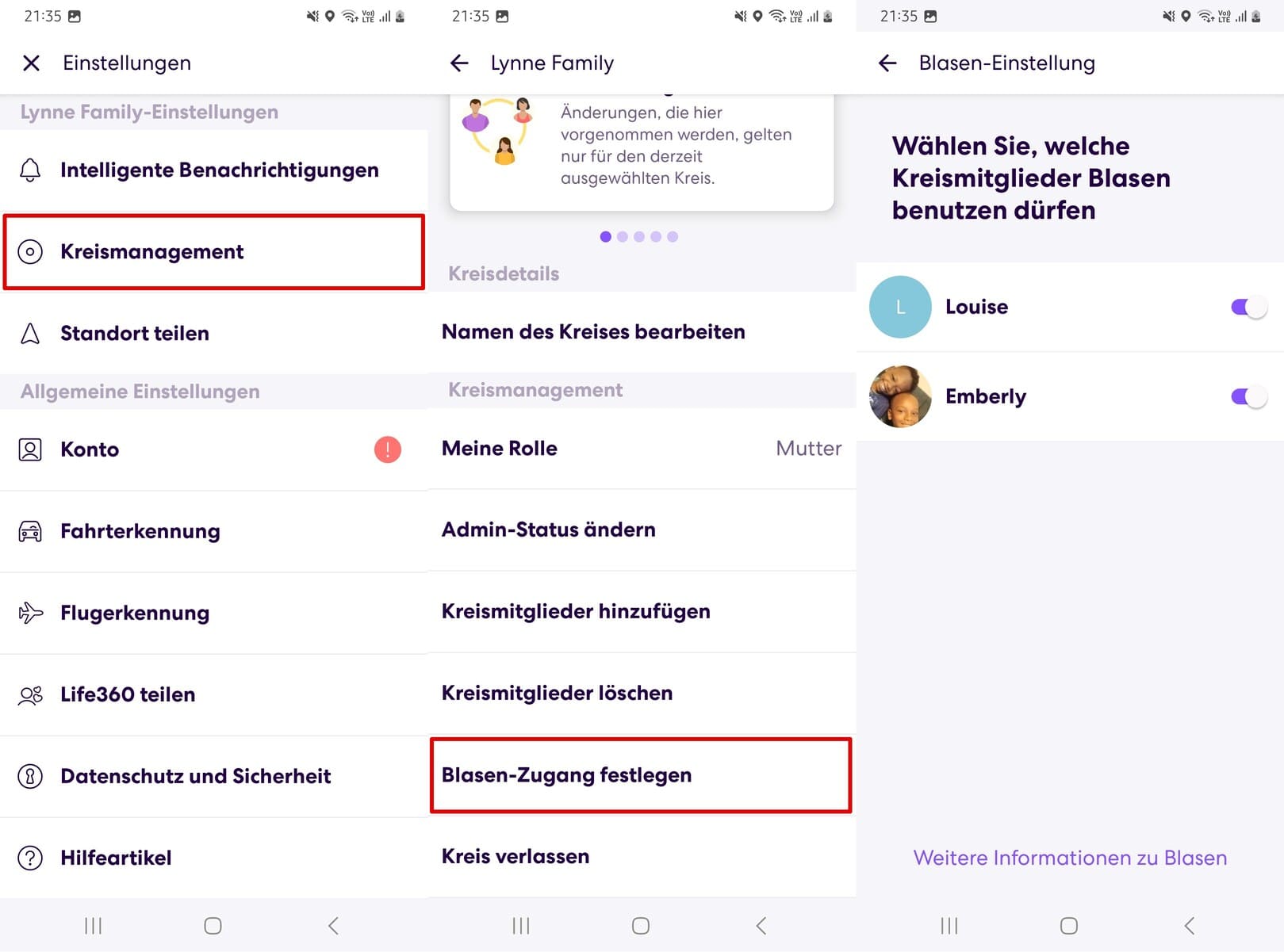 Öffnen Sie die Life360-Einstellungen, die Kreisverwaltung, den Zugriff auf die Blase festlegen und die Umschalttaste, um die Sprechblasen ein- oder auszuschalten.